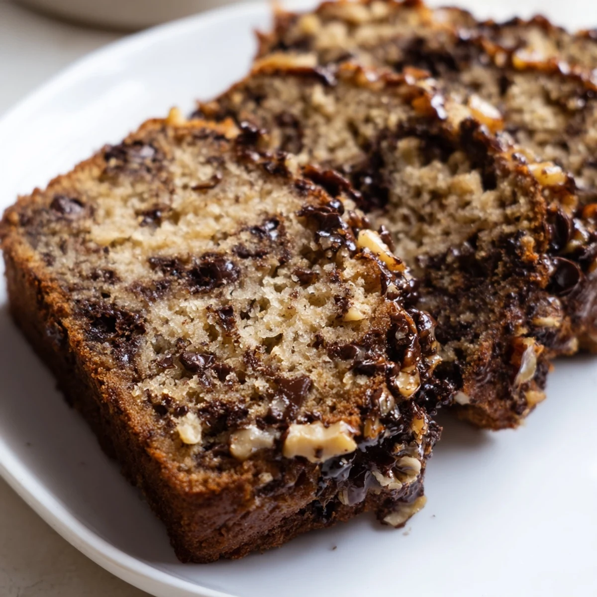Freshly baked Chocolate Chip Banana Bread with Pecans cooling on a wooden cutting board, featuring a moist crumb and melty chocolate chips.