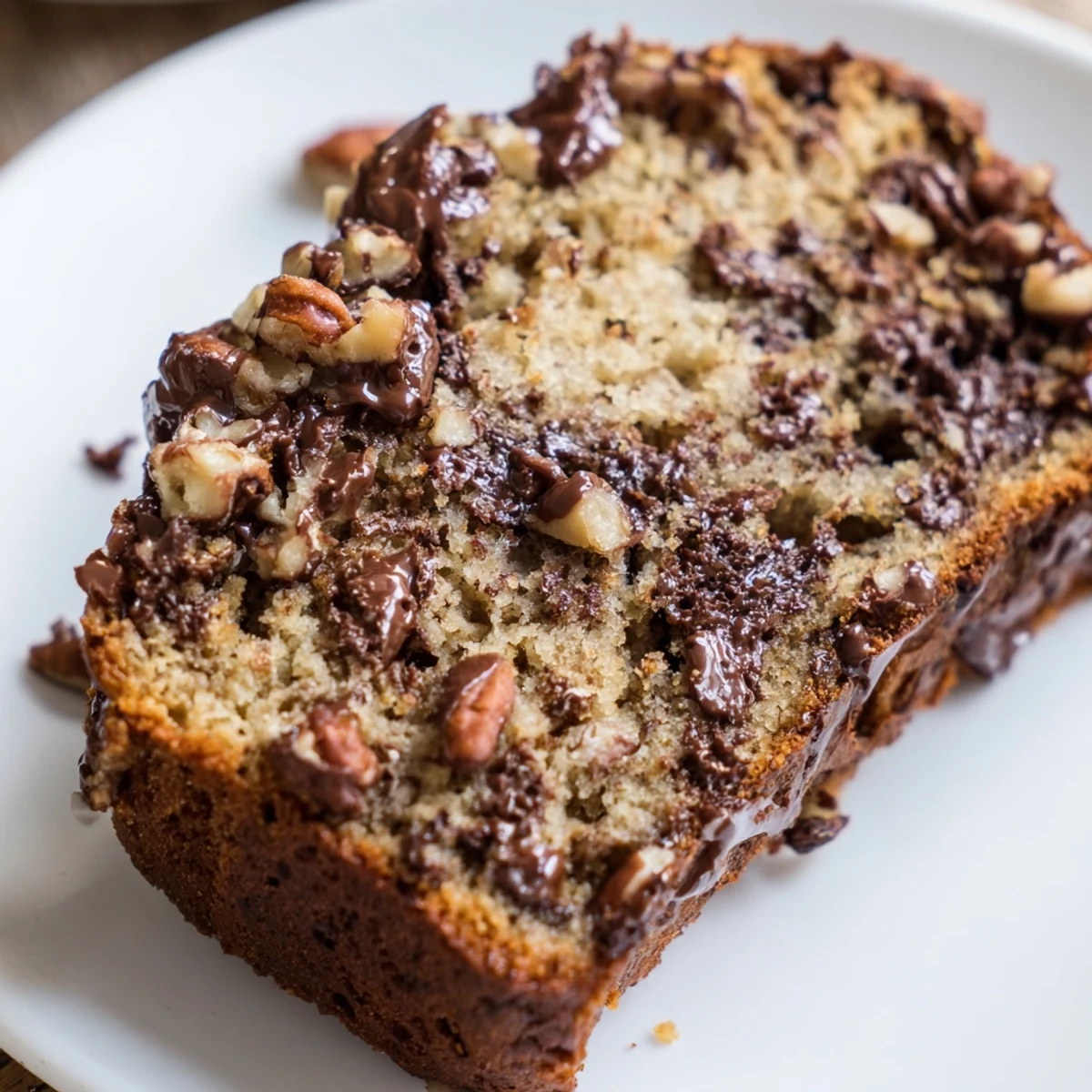 Slice of warm Chocolate Chip Banana Bread with Pecans on a plate, showcasing a tender interior and crunchy toasted pecan topping.