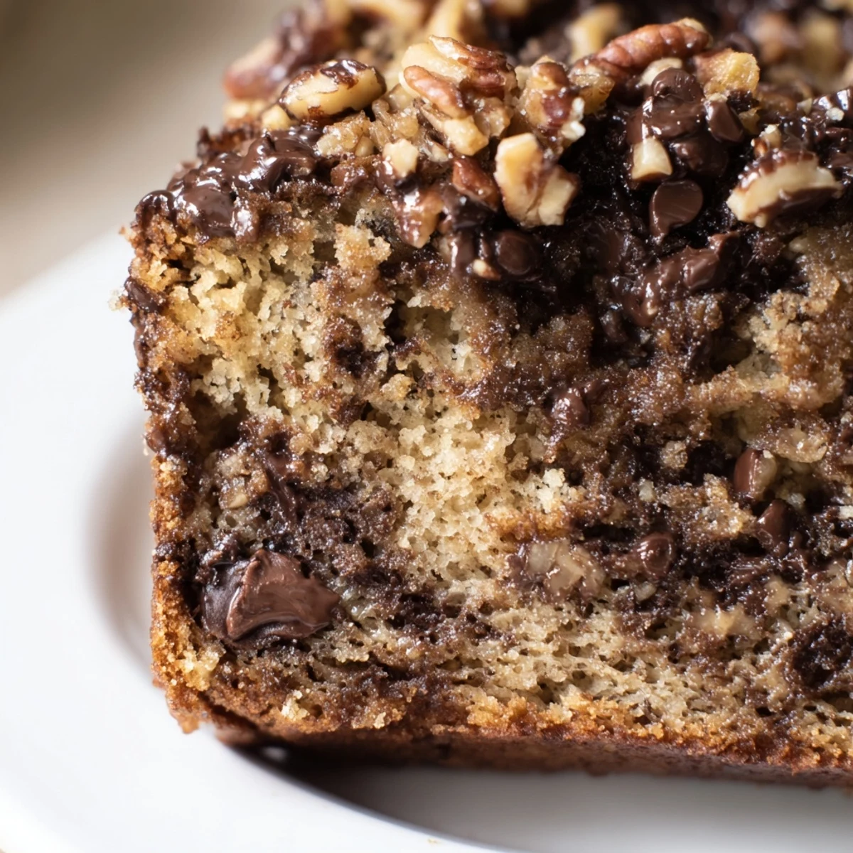 Moist Chocolate Chip Banana Bread with Pecans loaf resting on a rustic rack, ready for breakfast or an afternoon snack.