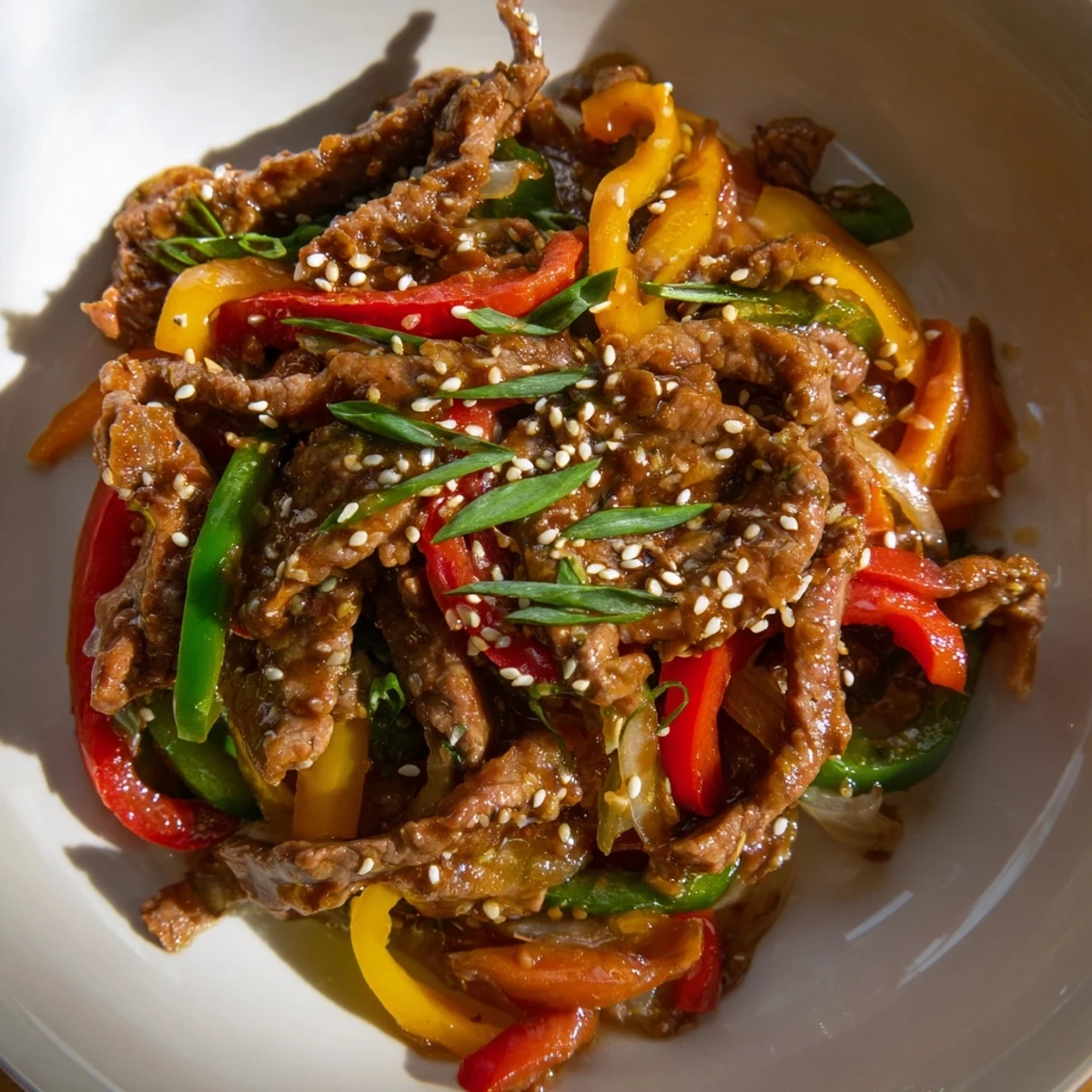 Spicy Beef and Bell Pepper Stir Fry sizzling with colorful peppers and tender beef in a savory sauce.