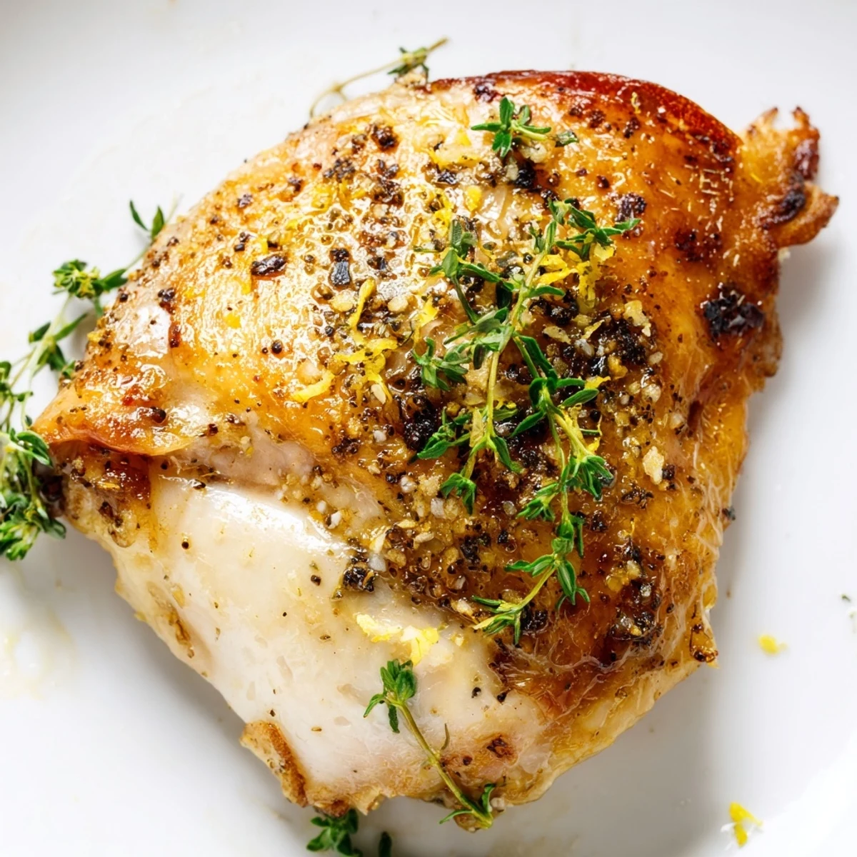 Golden-brown roasted chicken thighs with lemon and thyme served on a rustic platter with roasted potatoes.