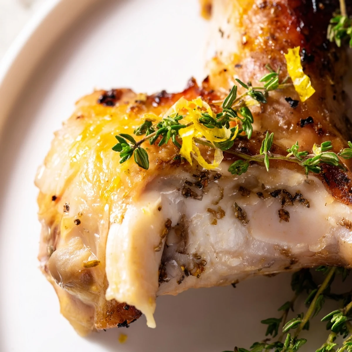 Fragrant lemon thyme chicken thighs roasted to crisp perfection, ready to serve alongside fresh vegetables.