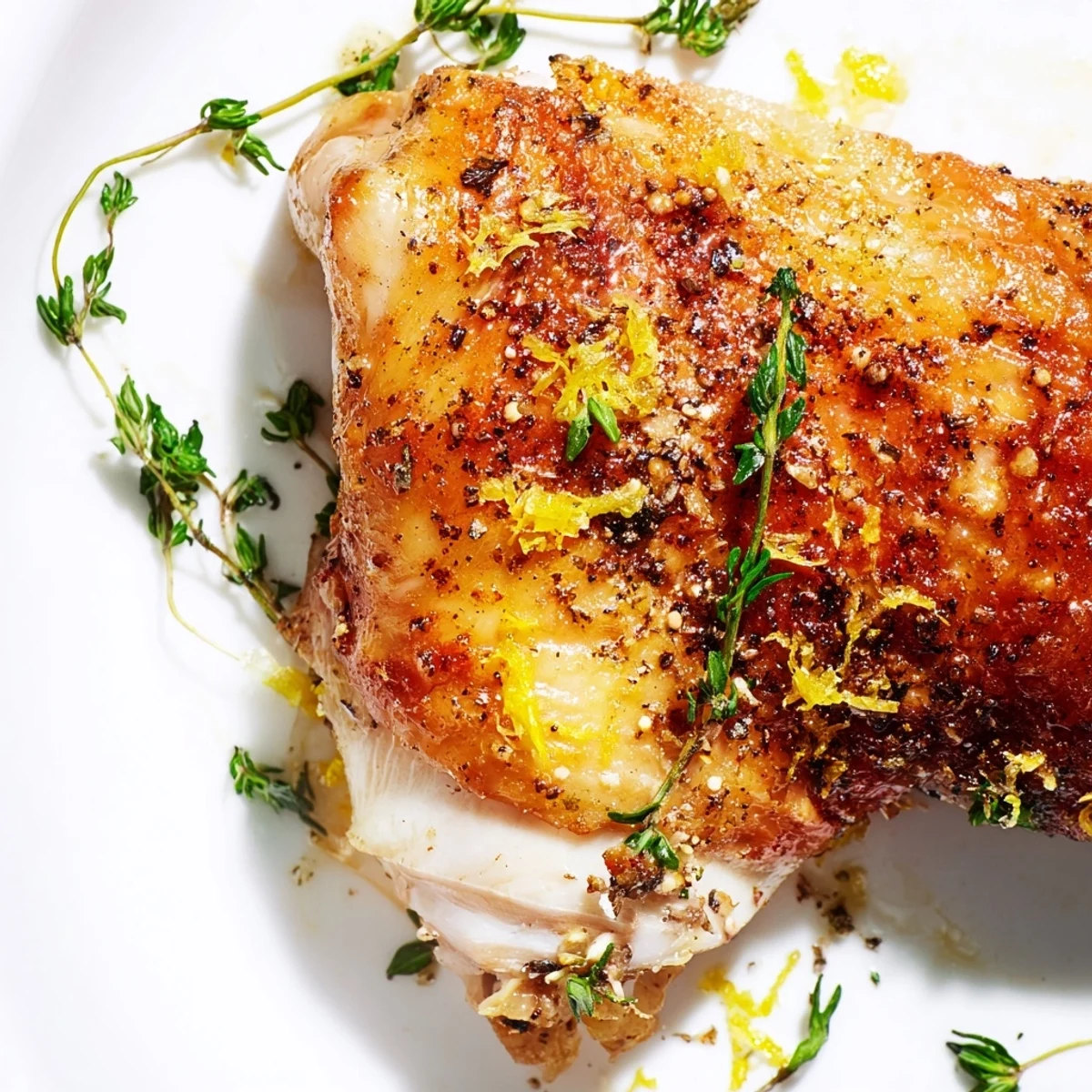 Juicy roasted chicken thighs with lemon and thyme garnished with lemon wedges on a dinner plate.