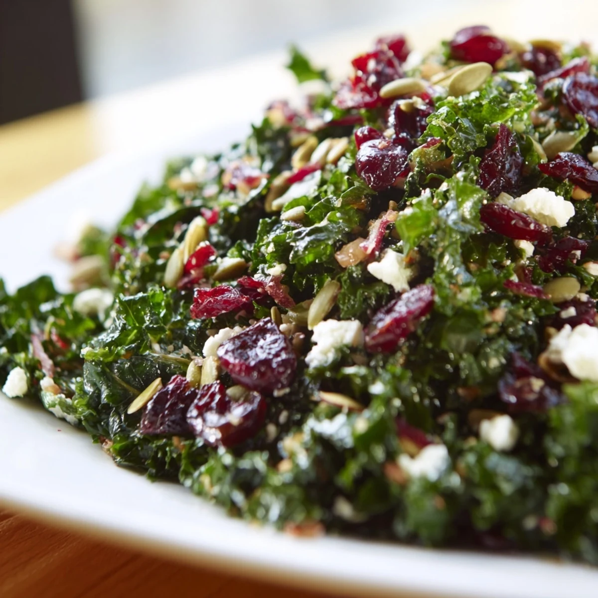 Freshly massaged kale tossed with sweet dried cranberries, crunchy pumpkin and sunflower seeds, and a zesty citrus dressing.