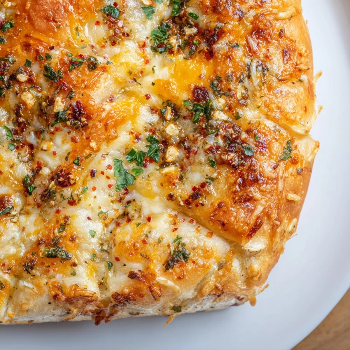 Oven-baked Cheesy Garlic Pizza Bread slice with gooey Parmesan and garlic butter, served warm beside a small bowl of marinara dipping sauce.