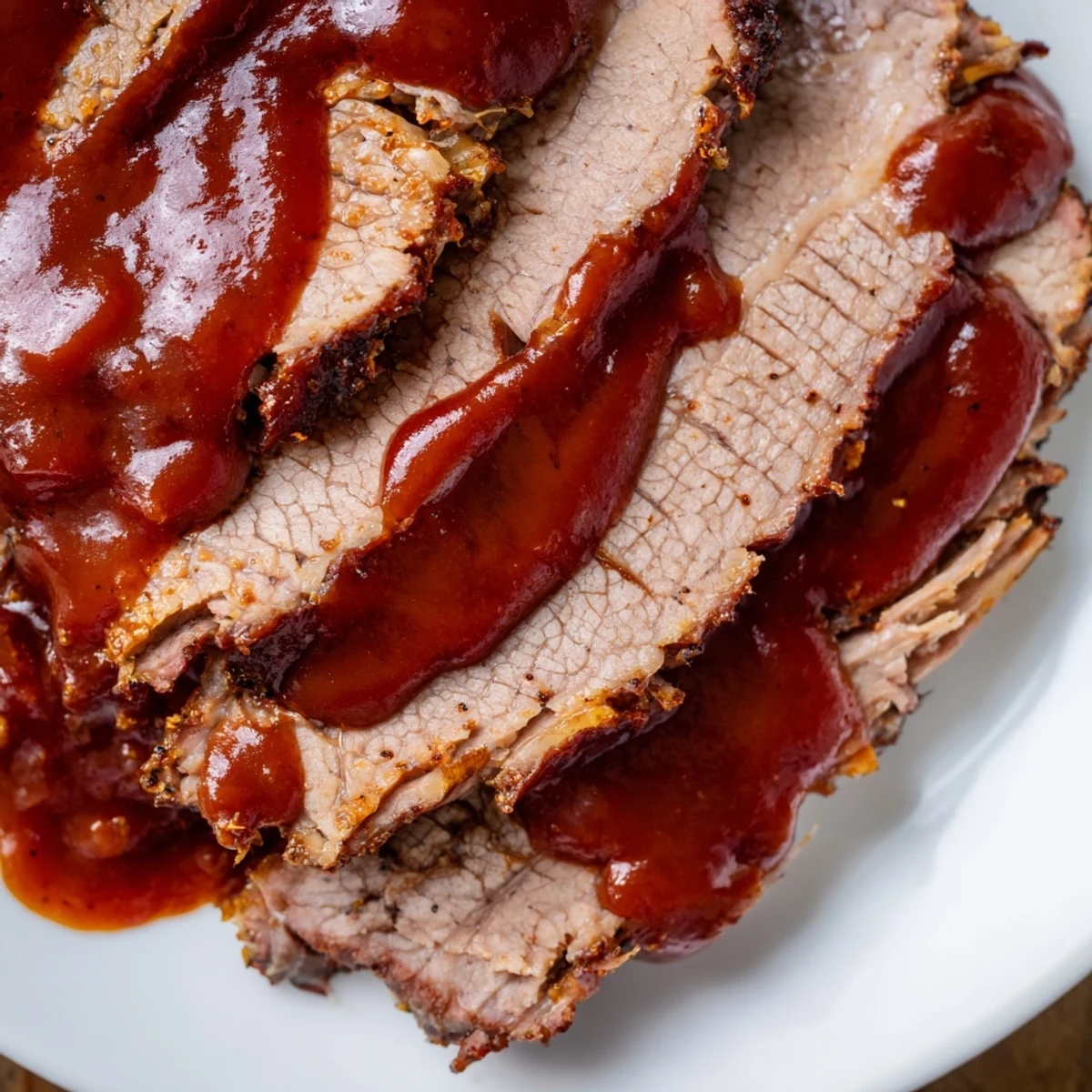 Shredded Slow Cooked Beef Brisket with BBQ Sauce piled high on a plate, perfect for hearty sandwiches.