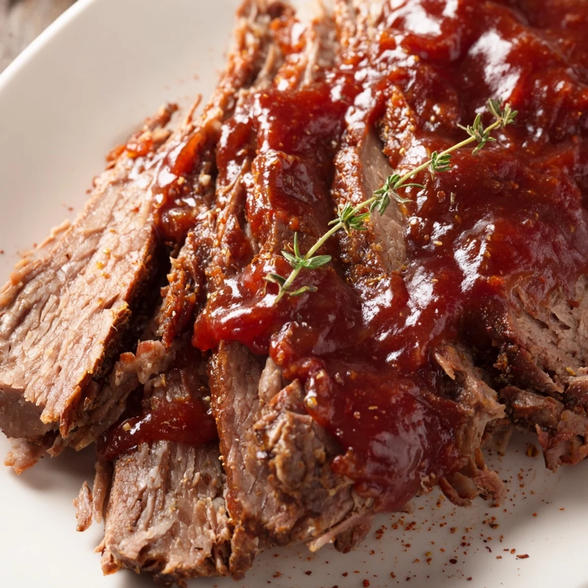 Fork-tender Slow Cooked Beef Brisket with BBQ Sauce glistening with sweet and smoky glaze, ready to slice.