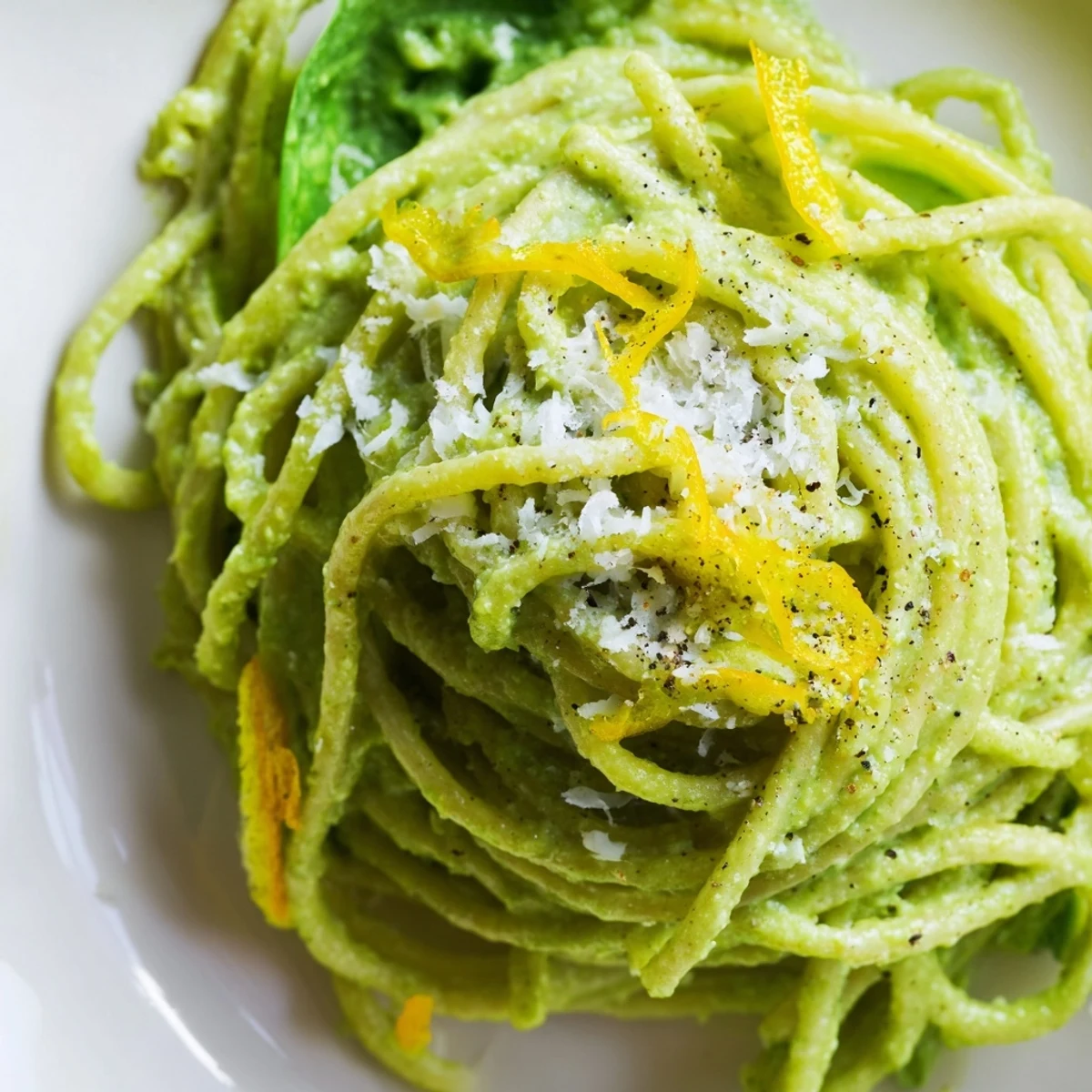 A generous bowl of Creamy Avocado and Spinach Spaghetti garnished with lemon zest and parmesan, served with a glass of white wine. 