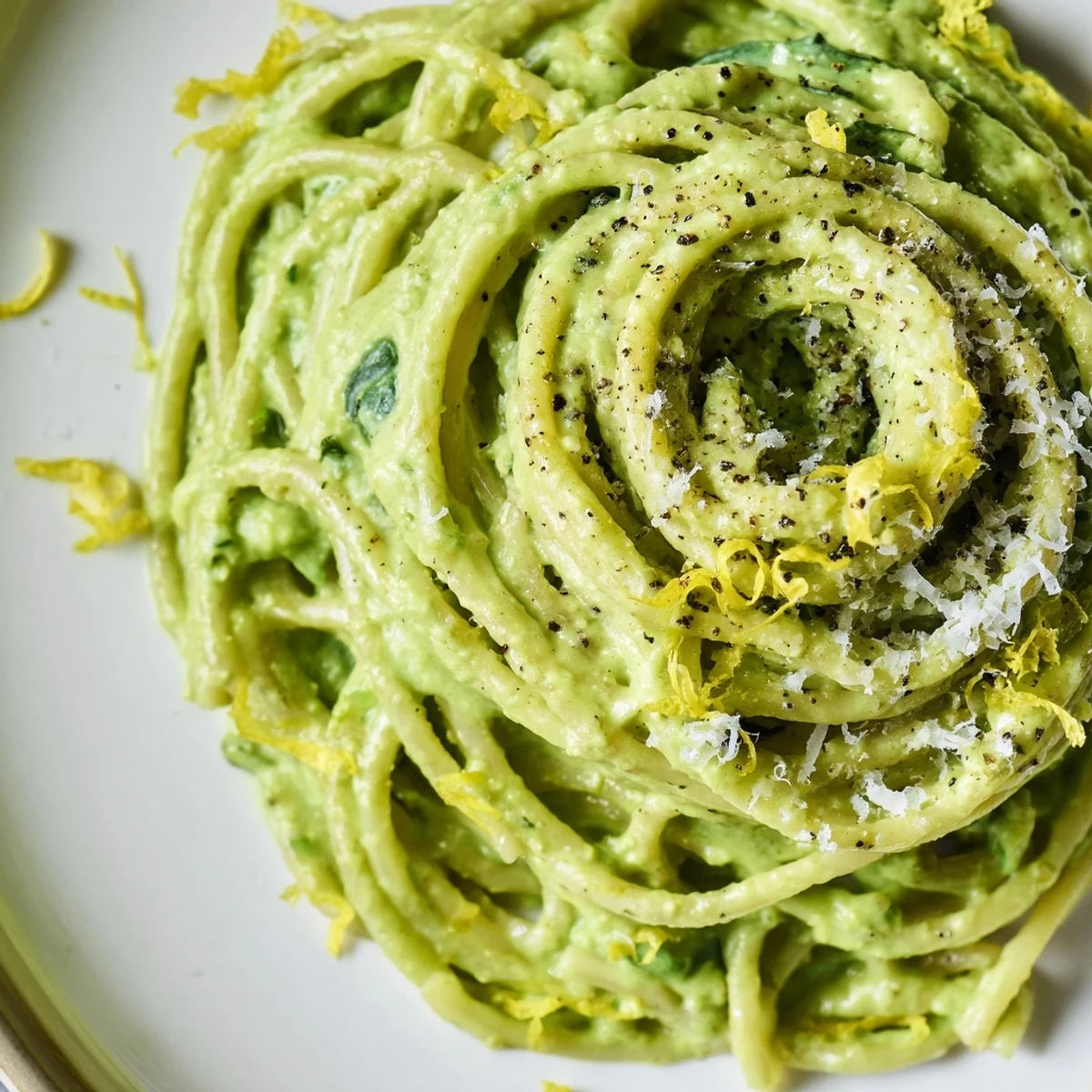 Creamy Avocado and Spinach Spaghetti twirls on a fork next to a bowl, the vibrant green sauce looking silky and bright. 