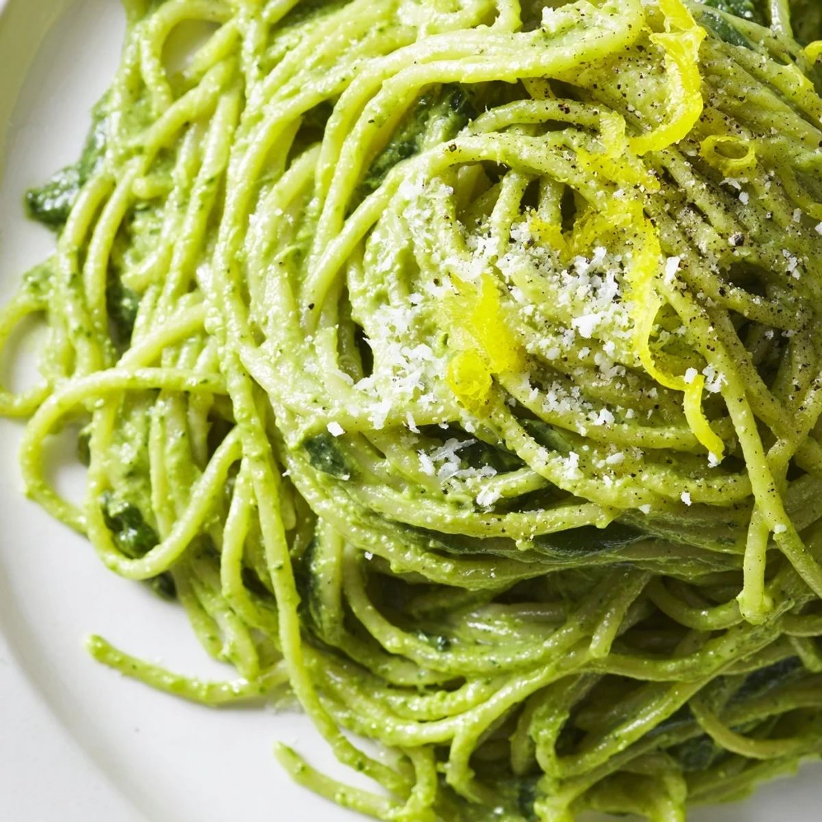 Close-up on a plate of Creamy Avocado and Spinach Spaghetti, showing creamy green sauce coating every strand and fresh spinach ribbons.