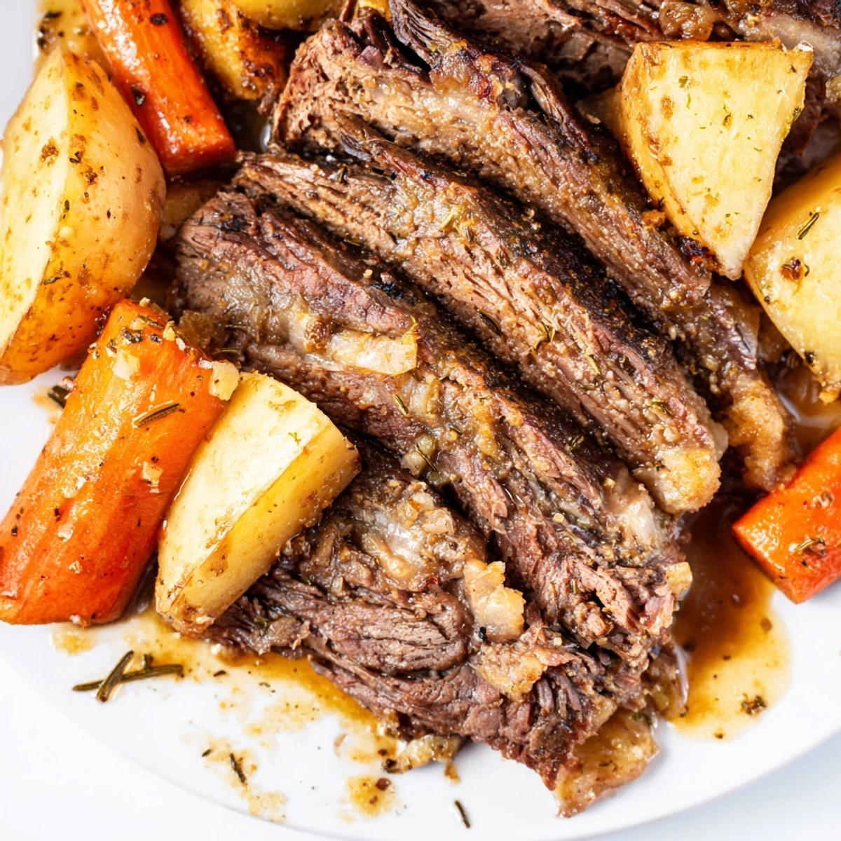 Hearty beef roast with potatoes and carrots, served family-style for a comforting American dinner spread.