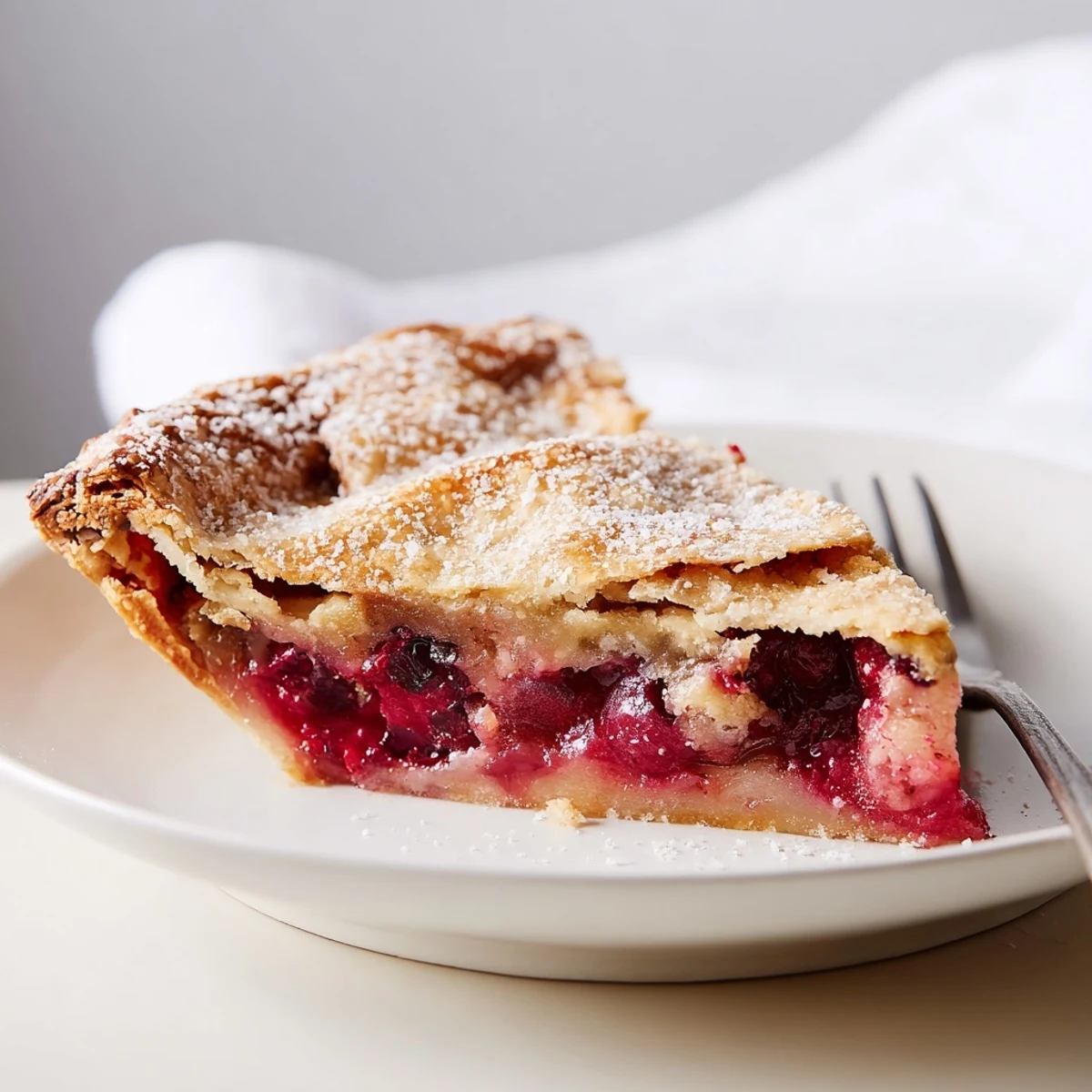 Close-up of freshly baked Cranberry Pie with sugar crystals on a golden, flaky crust, revealing a bubbling, vibrant red filling.