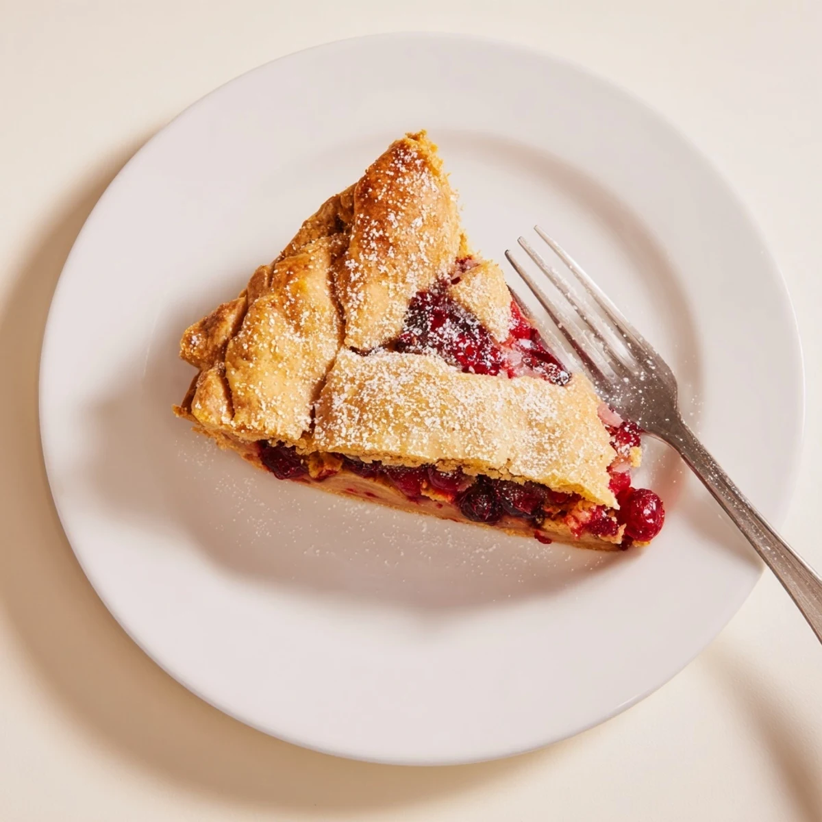 Homemade Cranberry Pie with a buttery lattice crust, fresh cranberries, and orange zest on a rustic wooden table.