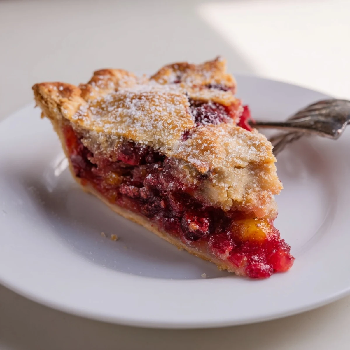 Slice of Cranberry Pie with sweet-tart filling served on a plate, paired with a dollop of whipped cream for a festive dessert.
