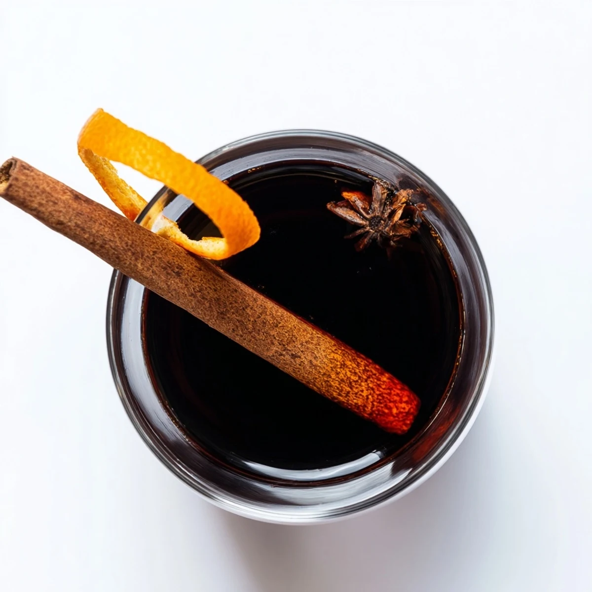 A glass bottle of homemade non-alcoholic Spiced Rum with spices and an orange beside it.