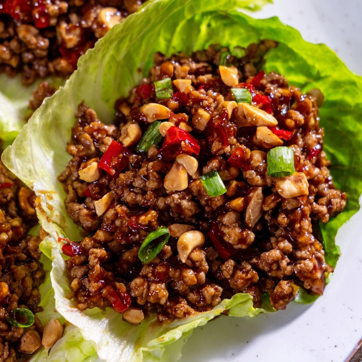 Plated Beef Lettuce Wraps with Hoisin Sauce garnished with green onions and cilantro, ready to serve as a light appetizer.