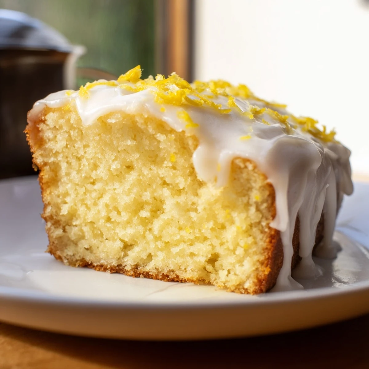 Warm Lemon Loaf Cake with icing drizzled over golden slices, served on a rustic plate. 