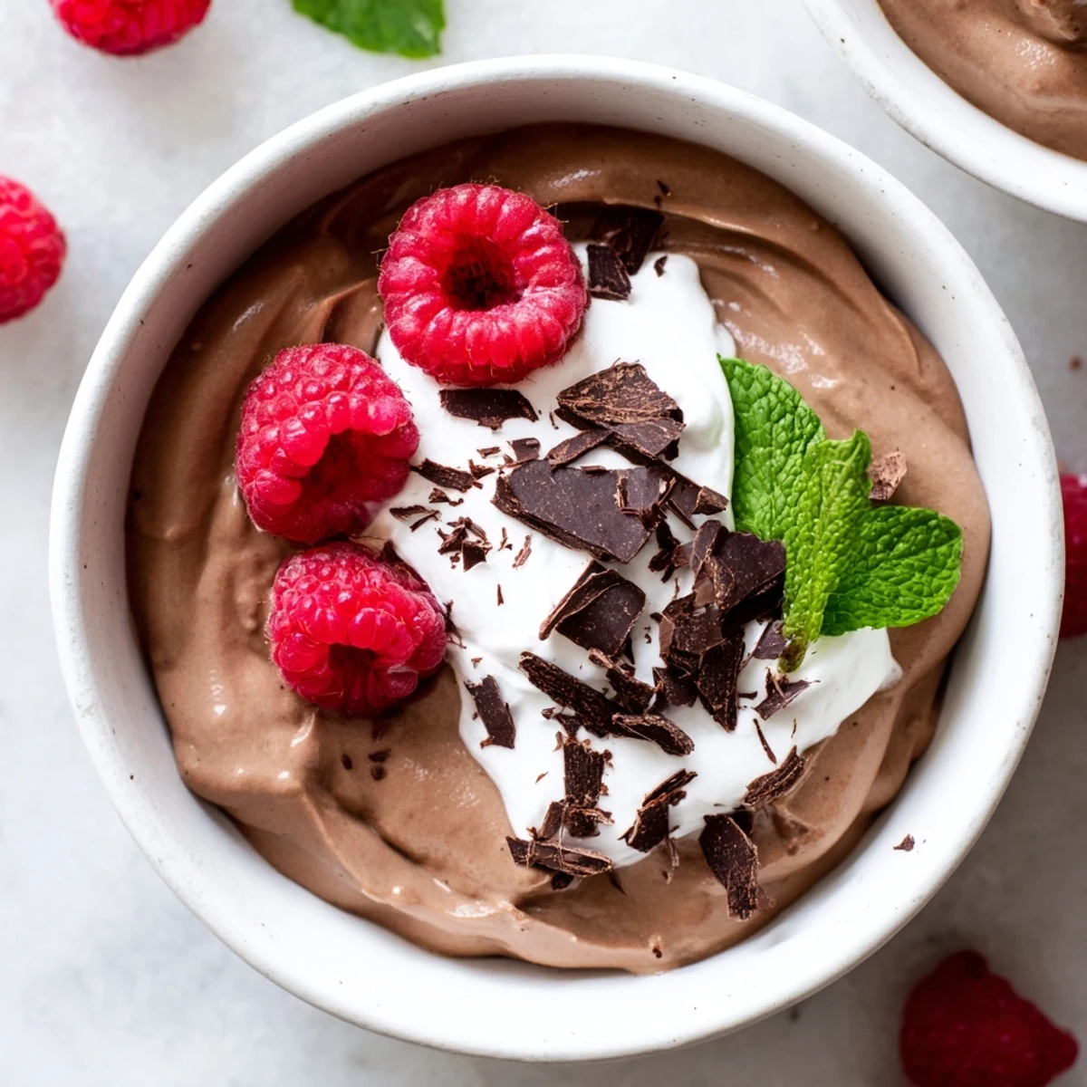 Chocolate avocado mousse in a clear glass topped with fresh raspberries and mint leaves.