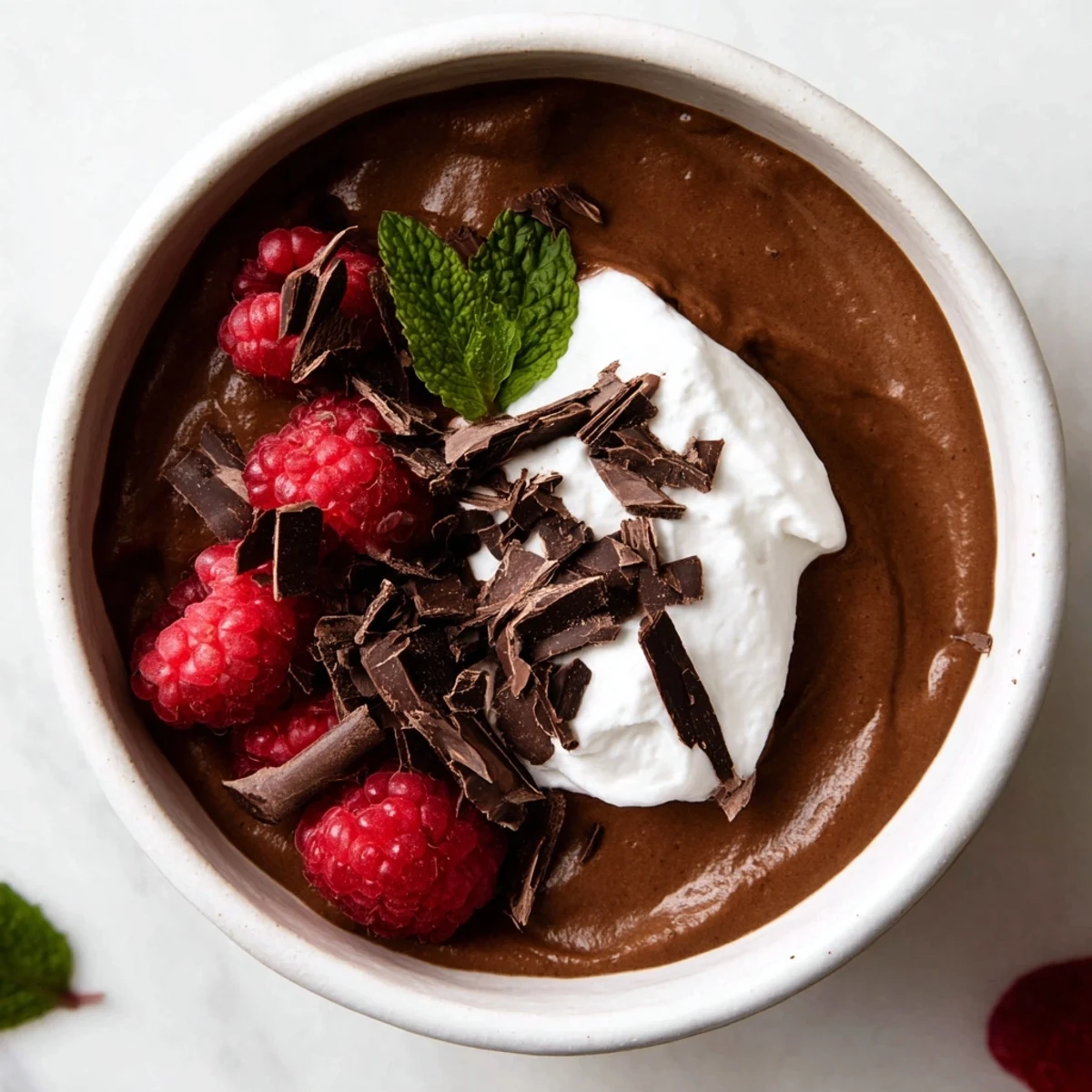 Rich, creamy chocolate avocado mousse served chilled in a dessert glass with a spoon.