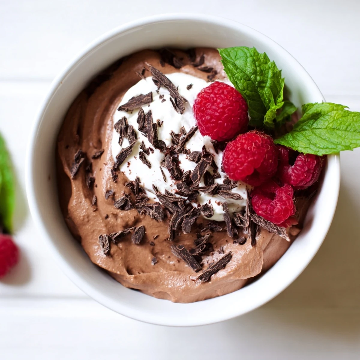 Silky smooth chocolate avocado mousse in a glass garnished with shaved dark chocolate.