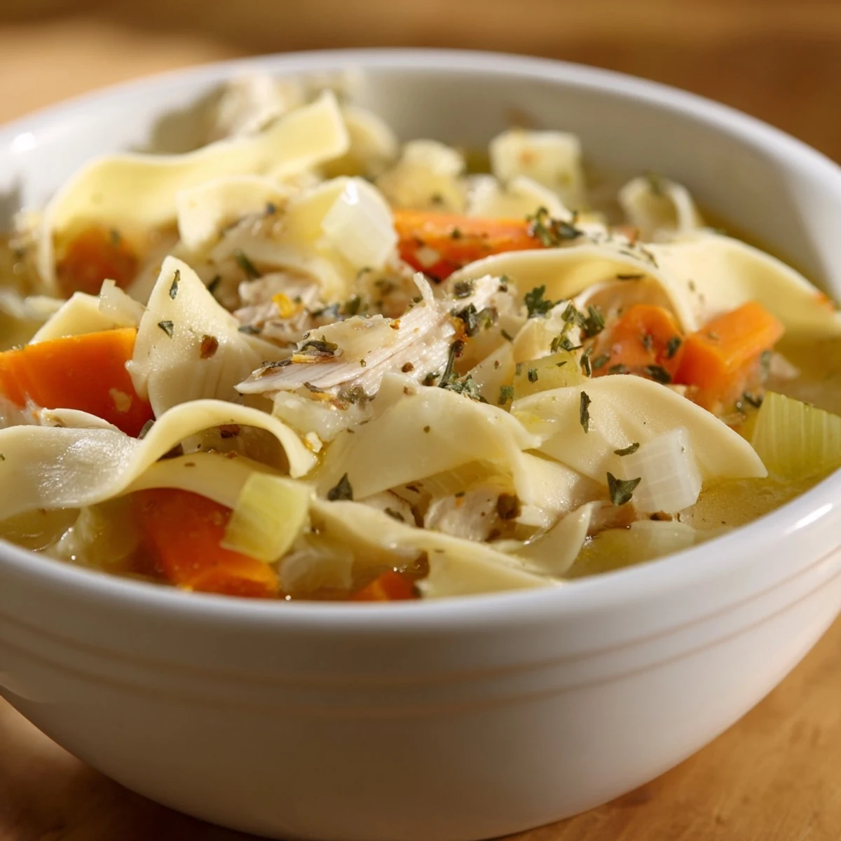 Steaming bowl of Chicken Noodle Soup with Egg Noodles, featuring tender chicken and colorful carrots on a cozy rustic table.