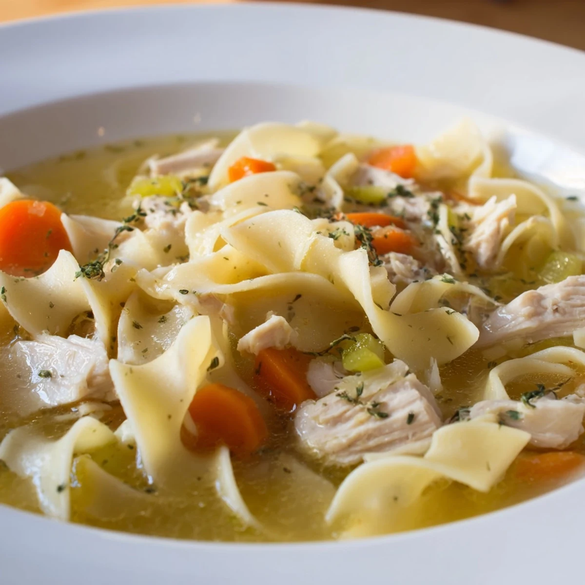 Overhead view of Chicken Noodle Soup with Egg Noodles in a white bowl, garnished with parsley and placed beside a linen napkin.