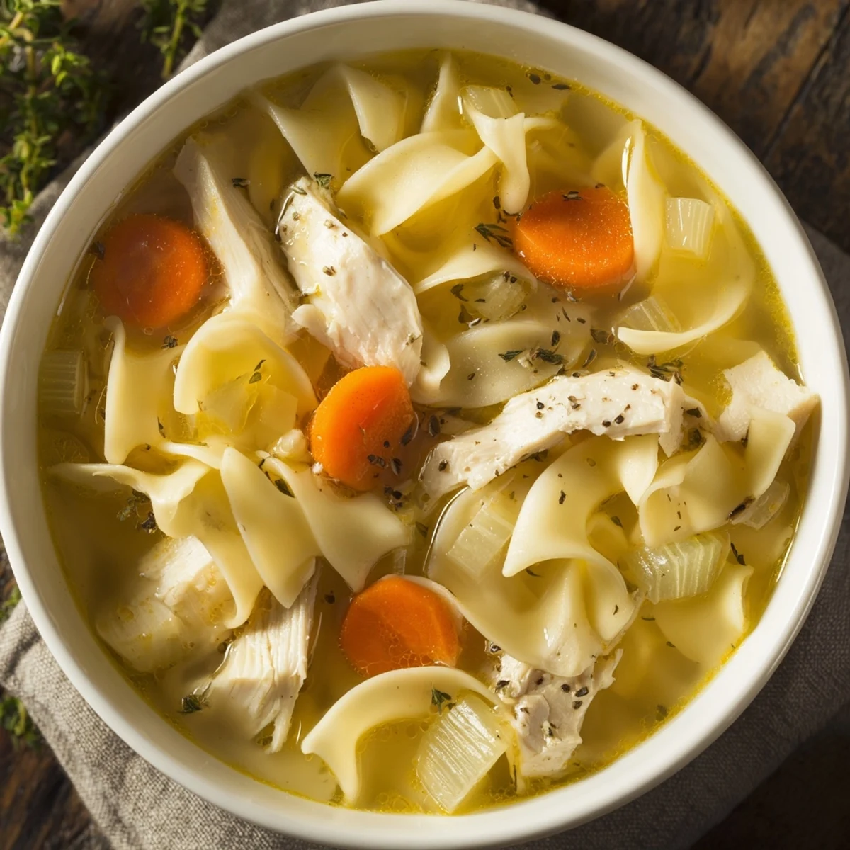 A ladle fills a rustic bowl with hearty Chicken Noodle Soup with Egg Noodles, surrounded by fresh herbs and crusty bread.