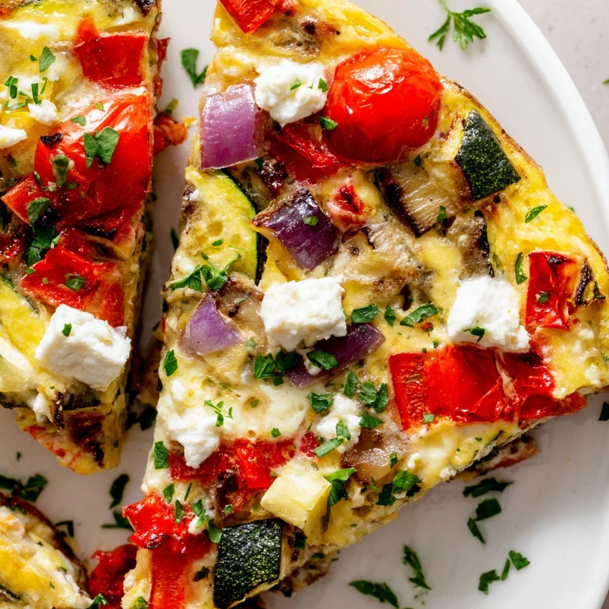 A close-up of a warm Roasted Vegetable Frittata with Goat Cheese, showing fluffy eggs, roasted zucchini, and cherry tomatoes.