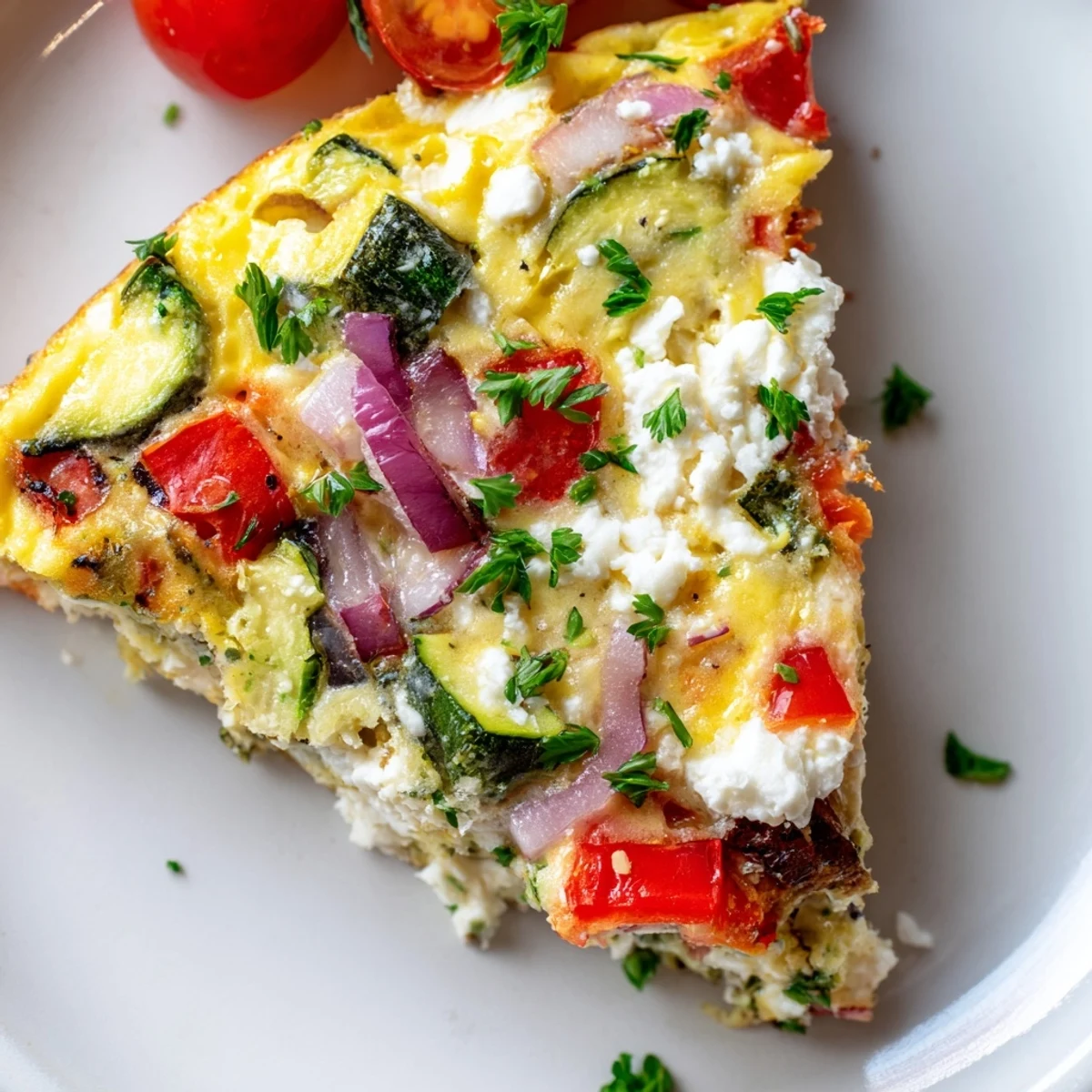 Golden slices of Roasted Vegetable Frittata with Goat Cheese, featuring caramelized bell peppers and onions on a rustic wooden board.