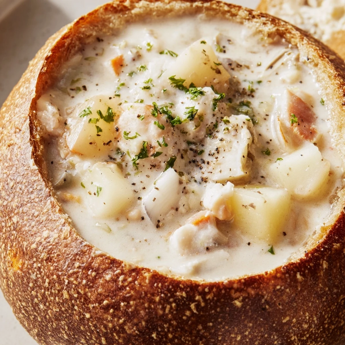 Creamy Clam Chowder in a Sourdough Bowl is served piping hot, garnished with fresh parsley and a spoonful of tender clams.