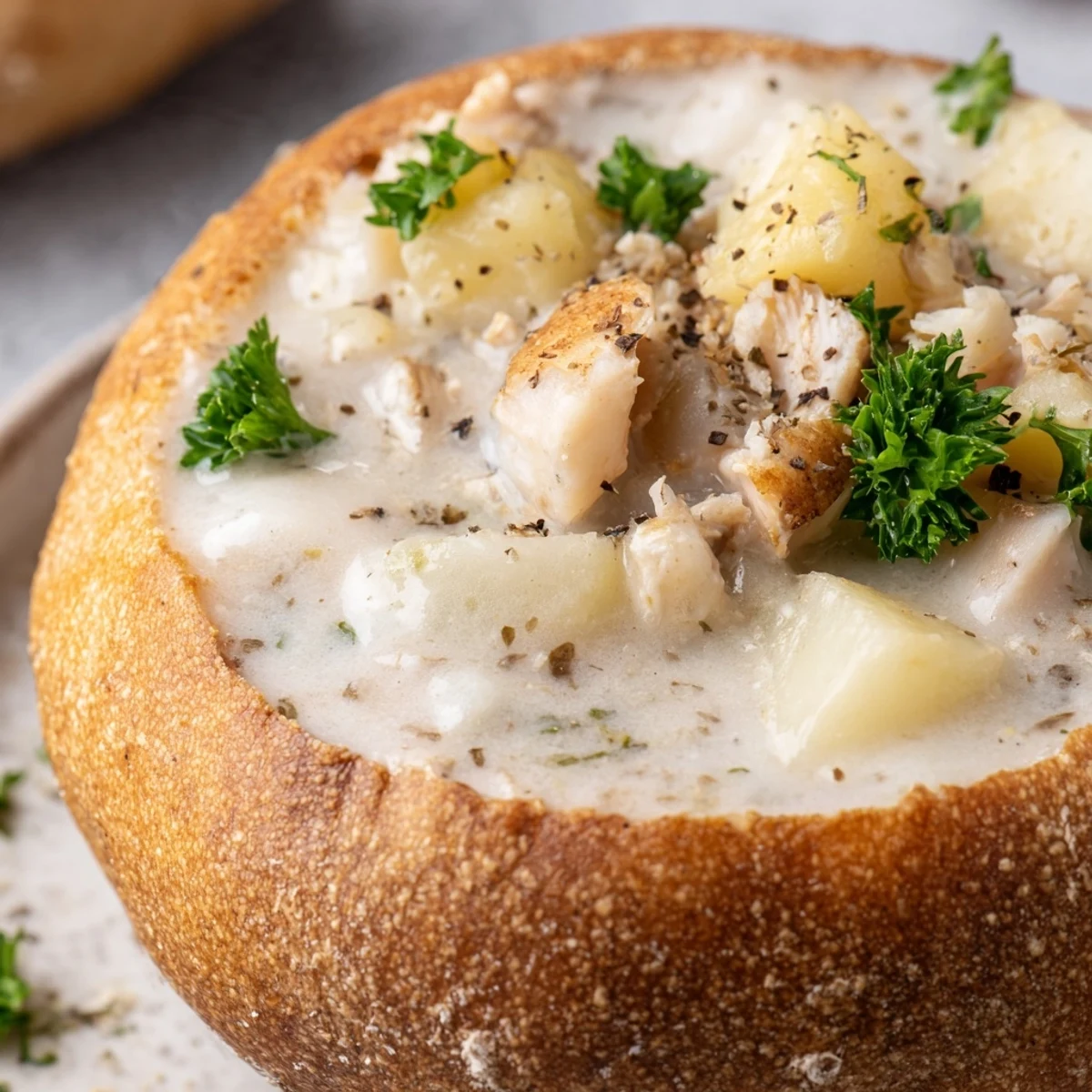 A close-up view shows a warm, crusty sourdough bread bowl filled to the brim with creamy New England clam chowder.