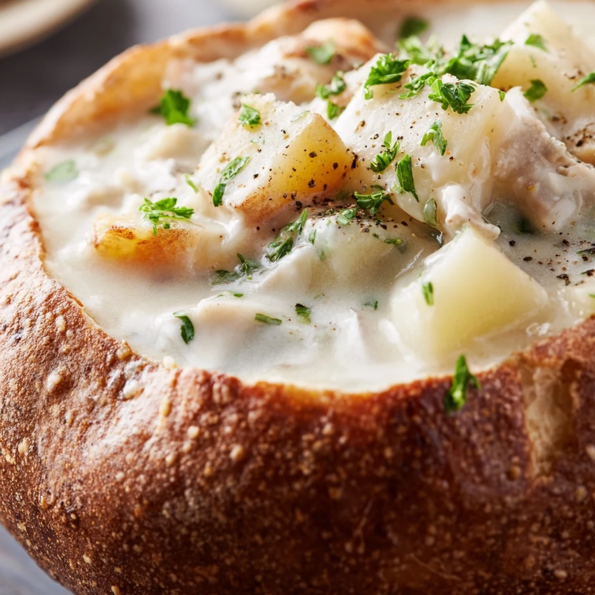 Spoon into a hollowed sourdough boule to serve this hearty, velvety clam chowder topped with fresh parsley.