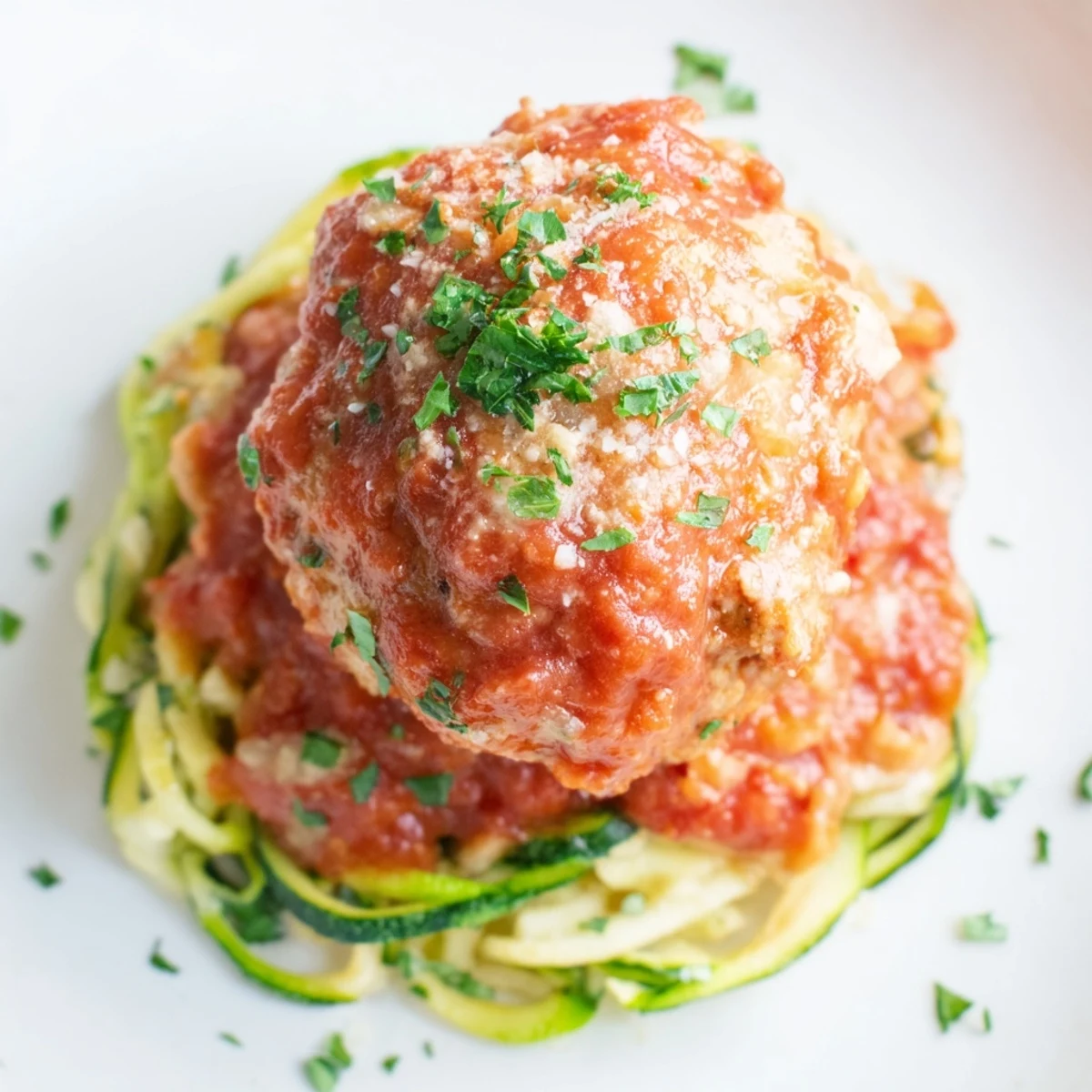 Golden-brown turkey meatballs simmering in a rich tomato sauce are spooned over vibrant green zucchini noodles on a white plate.