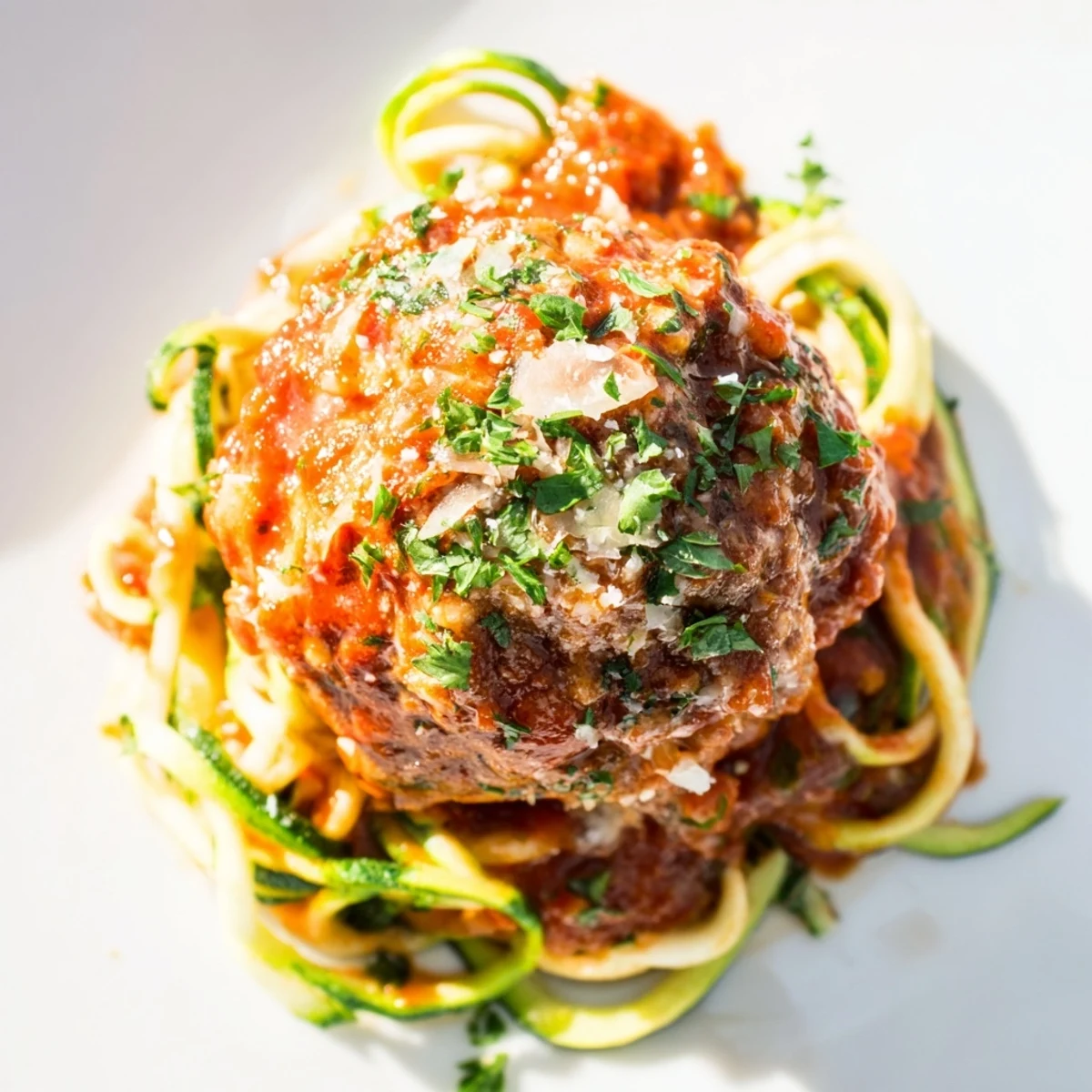 Freshly spiralized zucchini noodles are lightly sautéed and topped with tender turkey meatballs and a hearty homemade marinara.