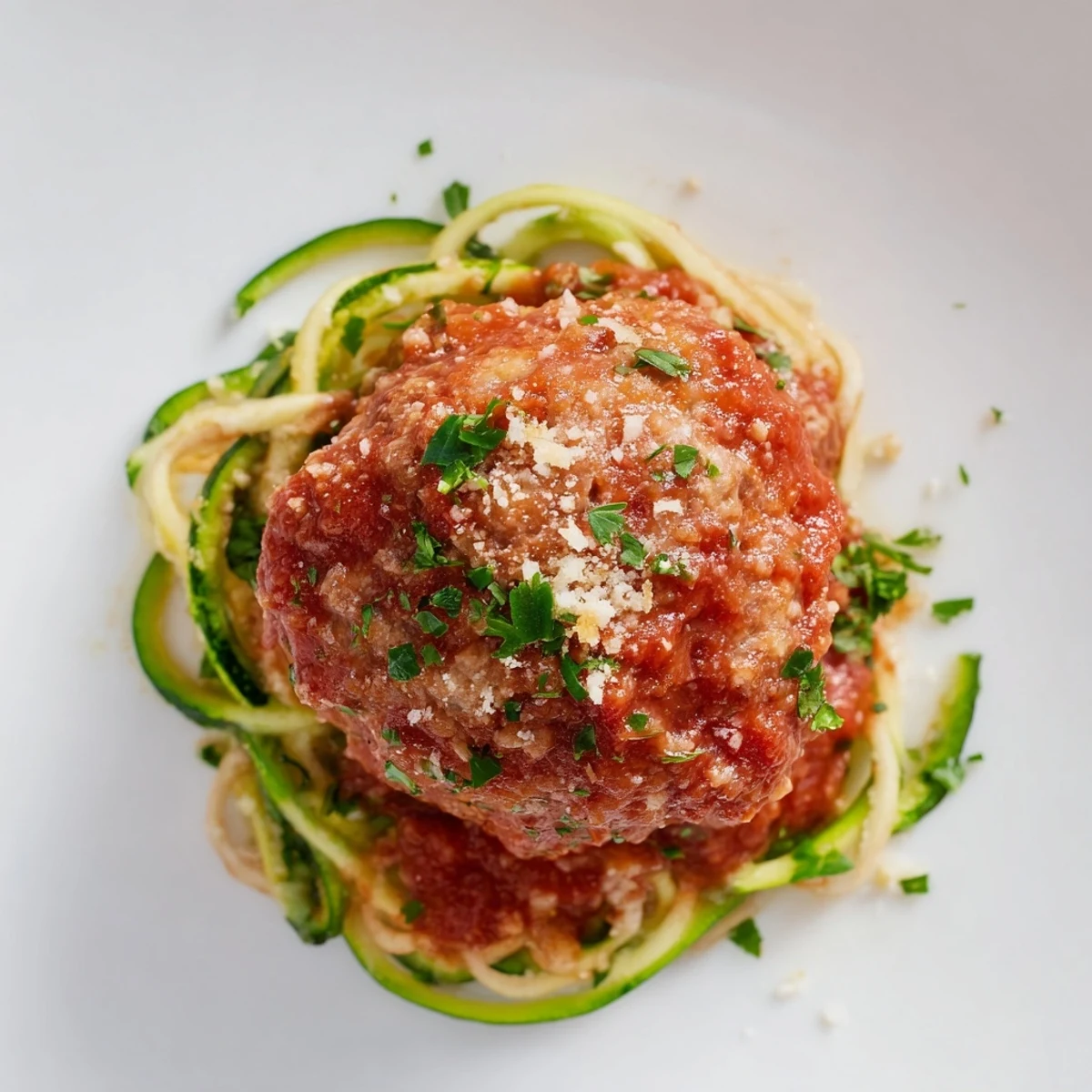 A close-up view of gluten-free turkey meatballs and zoodles served with a spoon and fresh parsley garnish.