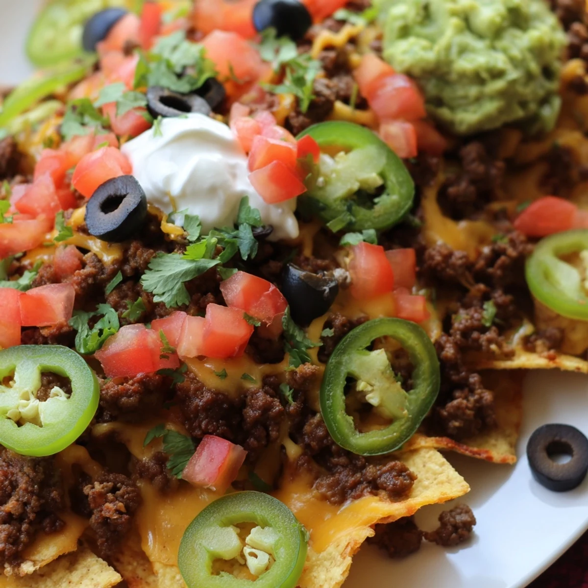 Golden, bubbling tray of Beef Nachos with Jalapenos and Cheese, served with guacamole and fresh jalapeno slices for a Tex-Mex snack.