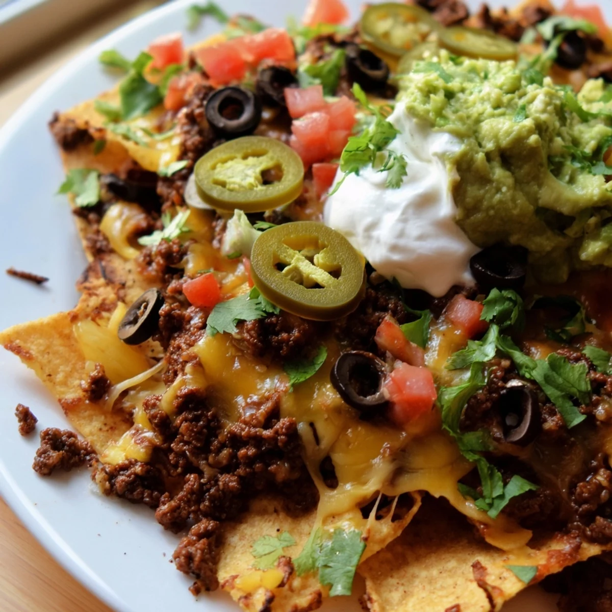 Freshly baked Beef Nachos with Jalapenos and Cheese, with melted cheddar and Monterey Jack over seasoned ground beef and tortilla chips.