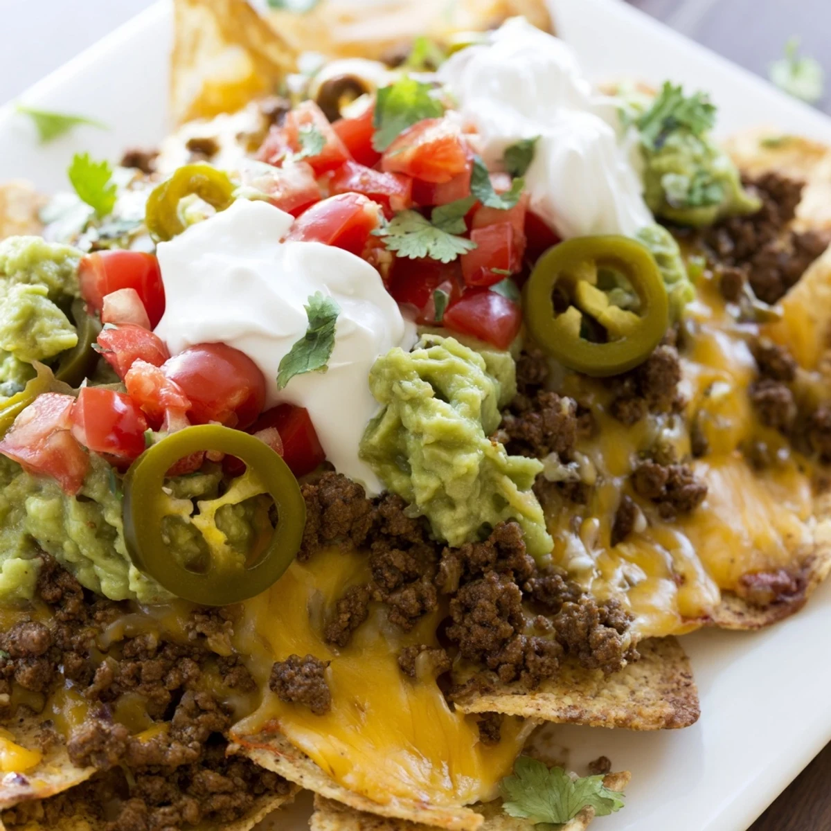 Oven-hot platter of Beef Nachos with Jalapenos and Cheese, topped with diced tomatoes, black olives, cilantro, and a side of sour cream.