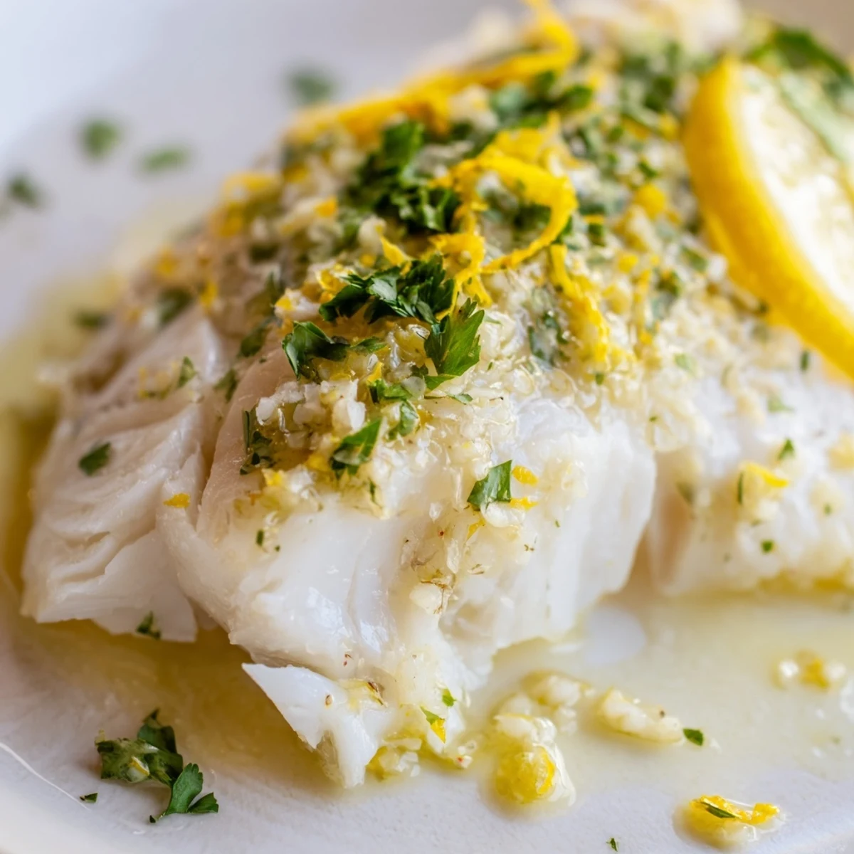 Freshly baked halibut fillets glistening in aromatic garlic butter sauce, garnished with lemon wedges and parsley for a bright finish.