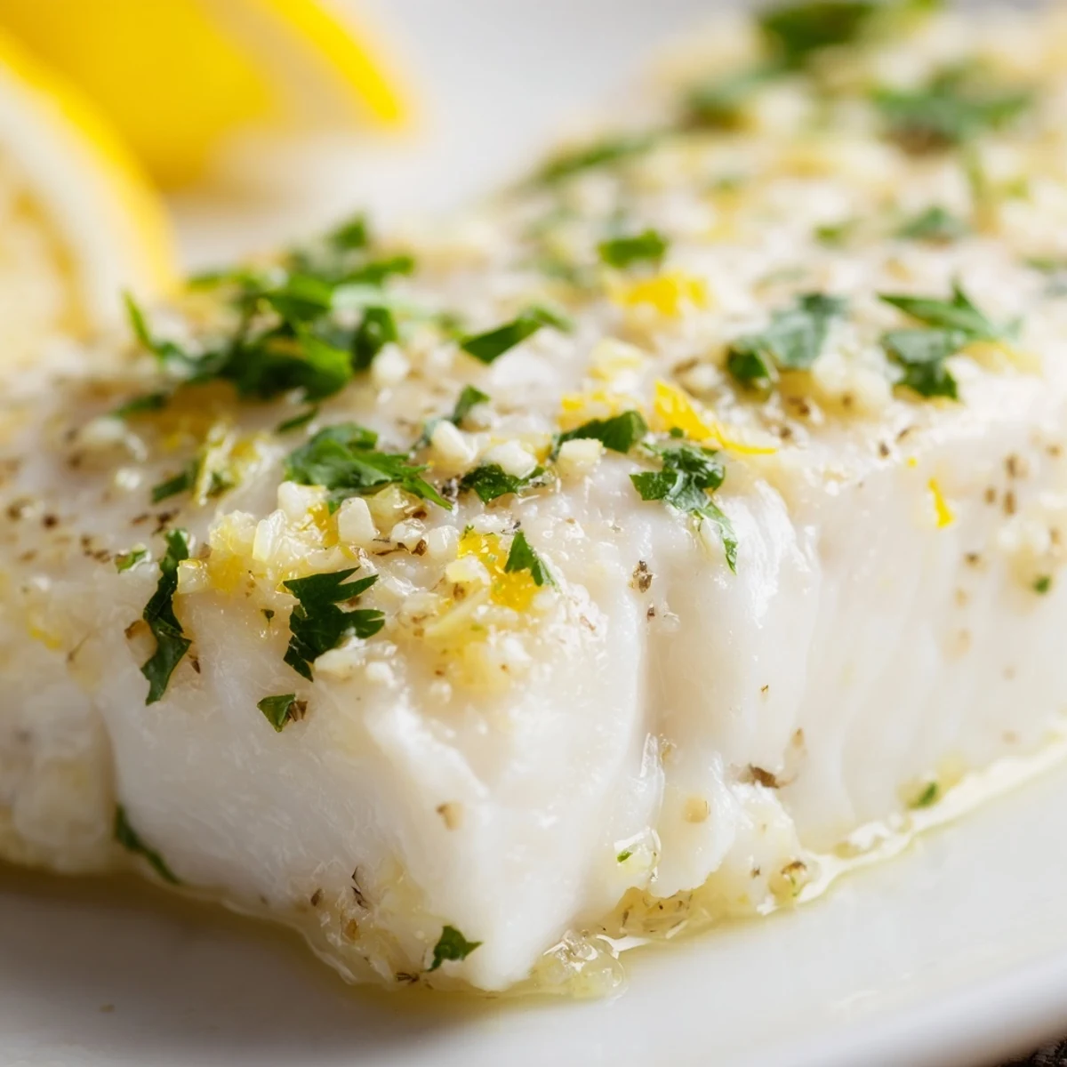 Flaky, tender Baked Halibut with Garlic Butter topped with herbs, served alongside roasted asparagus for a complete, healthy dinner.