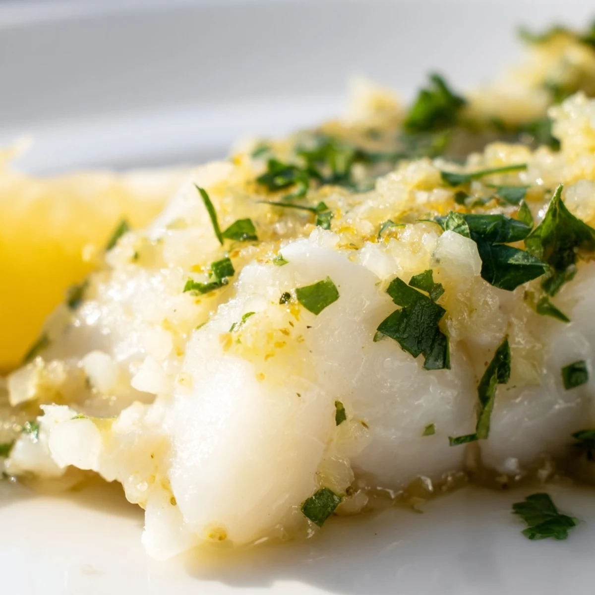 Golden oven-baked halibut fillets coated in rich garlic butter, finished with lemon zest and fresh chopped parsley garnish.