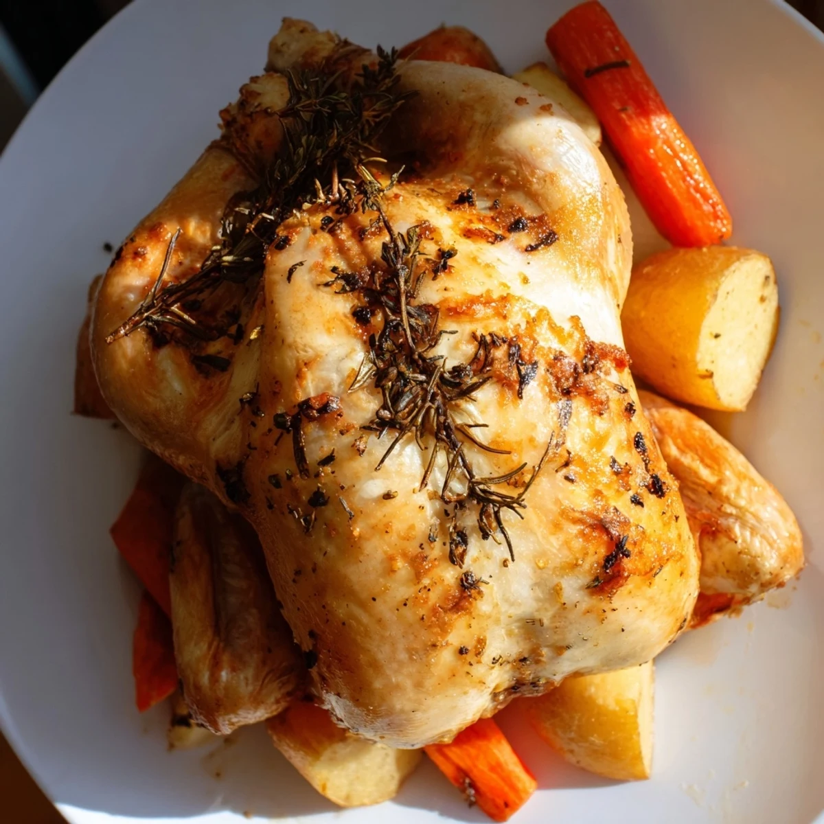 Freshly roasted whole Chicken Dinner Roast with crispy golden skin and tender herbs, served hot on a rustic platter.