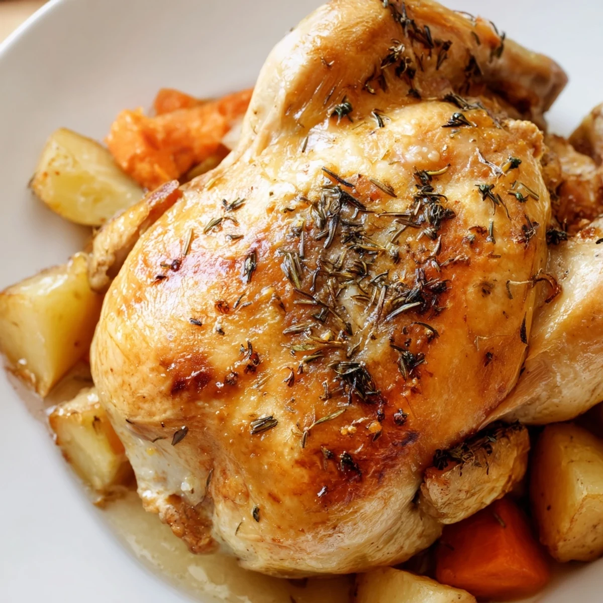 Juicy golden-brown Chicken Dinner Roast surrounded by caramelized carrots, potatoes, onions, and celery in a roasting pan.