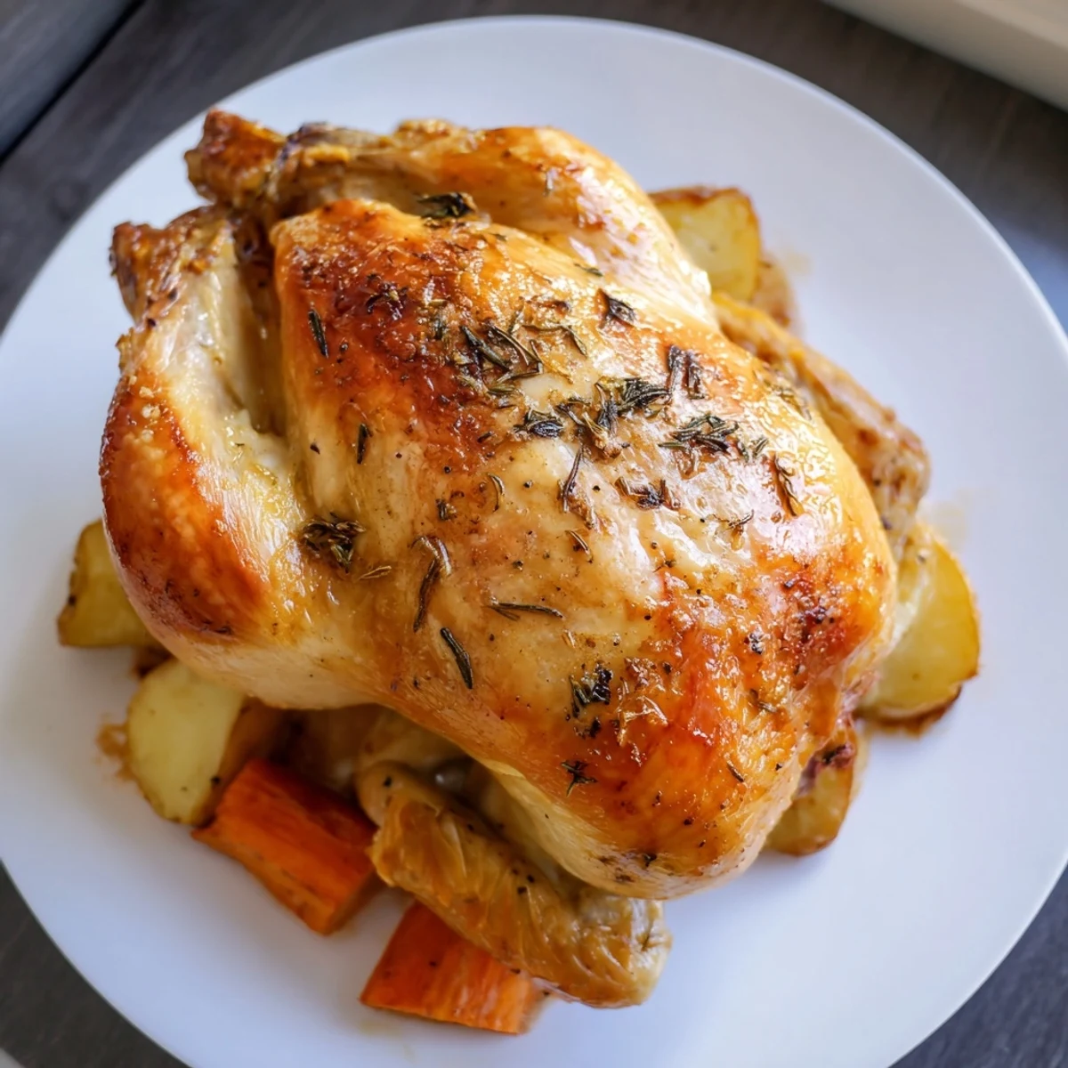 Family-style Chicken Dinner Roast plated with pan juices, lemon wedges, and fresh thyme, ready to serve at dinner.