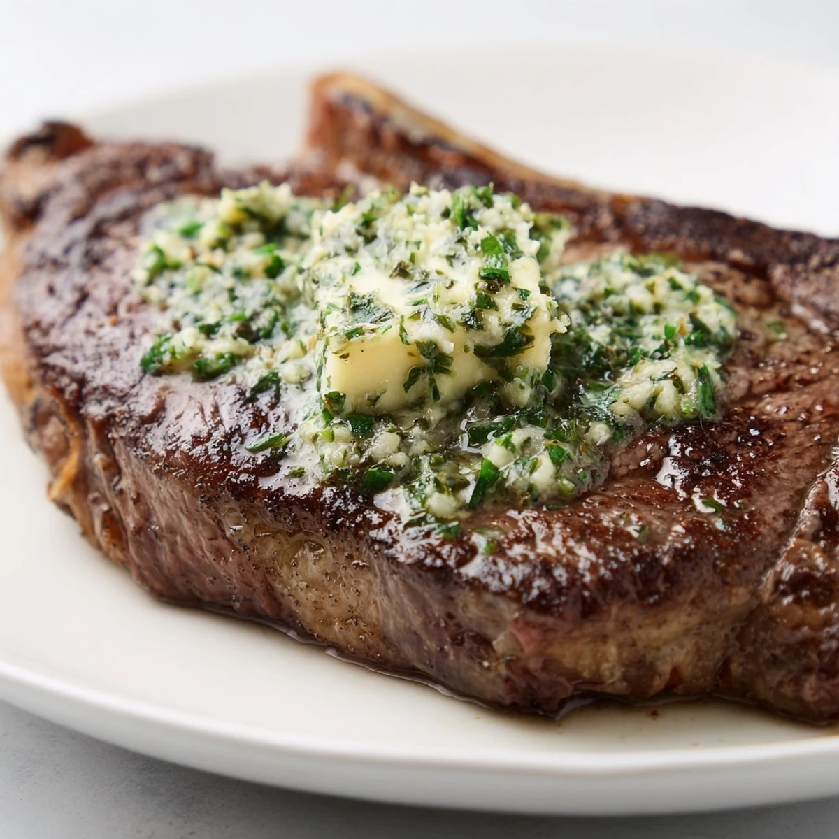 Top-down view of a plated Beef Dinner Steak with roasted asparagus and creamy mashed potatoes for a complete meal.