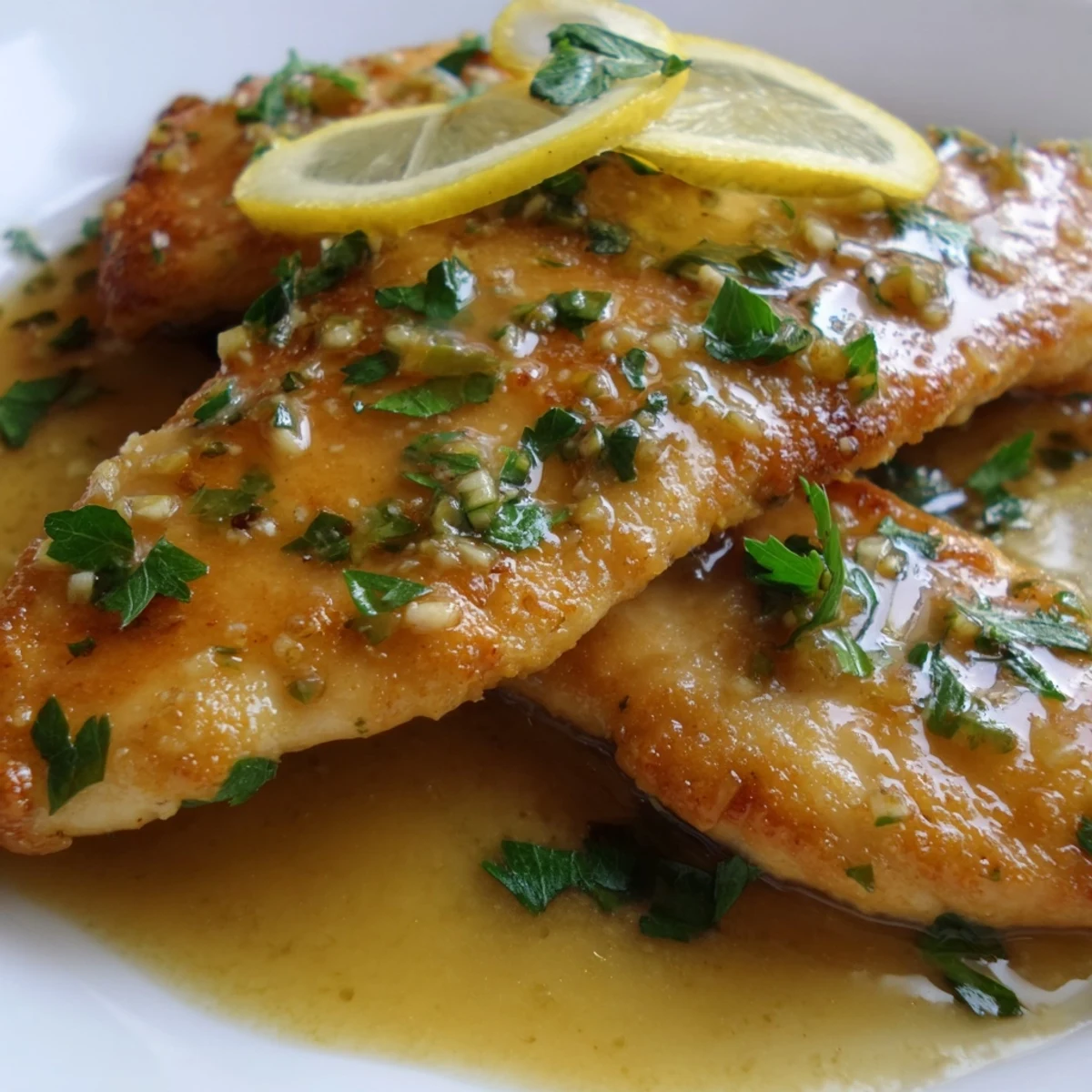 A close-up of Lemon Dinner Chicken plated with fluffy rice and steamed green beans, drizzled with tangy pan sauce.