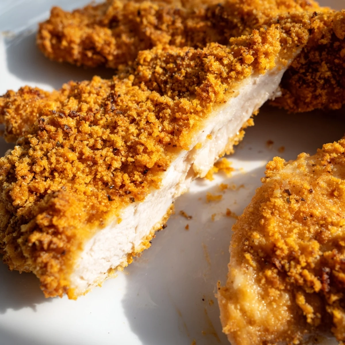 Juicy meat peeks through the crunchy, golden breading of this easy weeknight dinner.