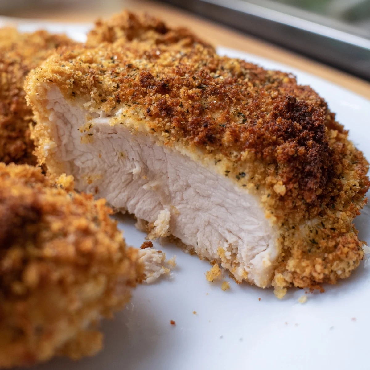 Crispy Dinner Chicken served with creamy mashed potatoes and fresh green salad on the side.