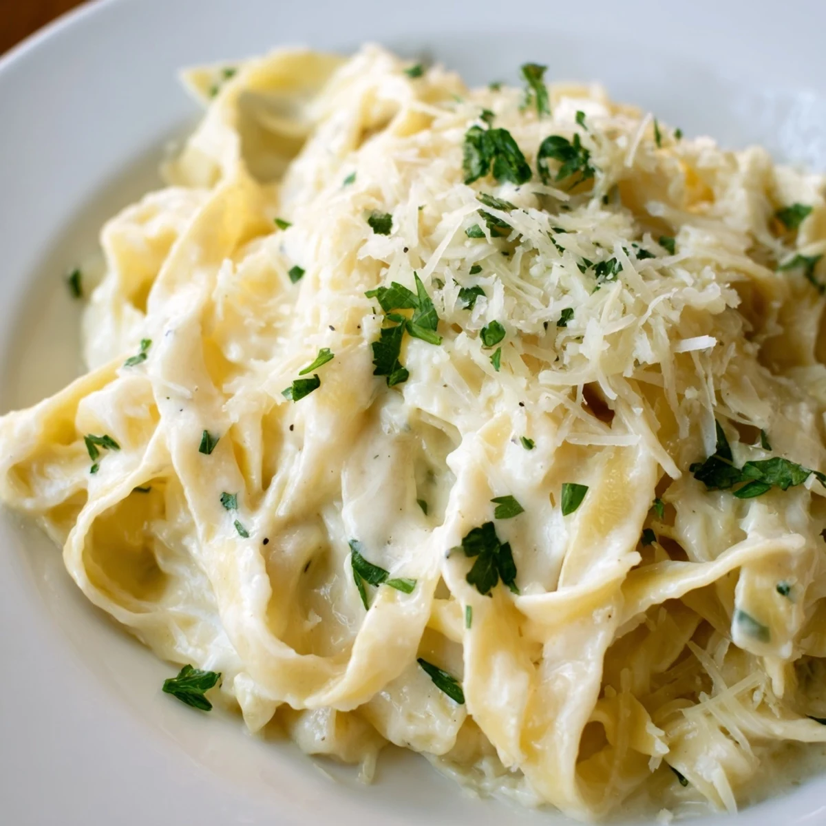 Rich Creamy Dinner Pasta plated for dinner, garnished with parsley, paired with a glass of white wine.