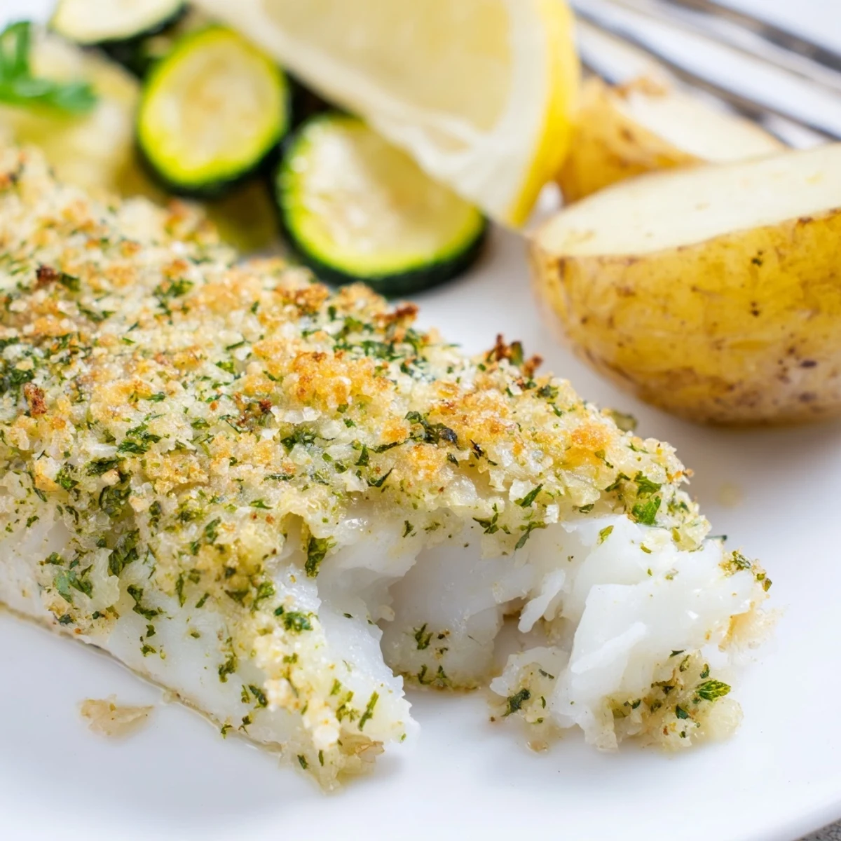 Golden-brown Baked Cod Fillet Dinner with a lemon-herb crust, served alongside tender roasted vegetables on a baking sheet.